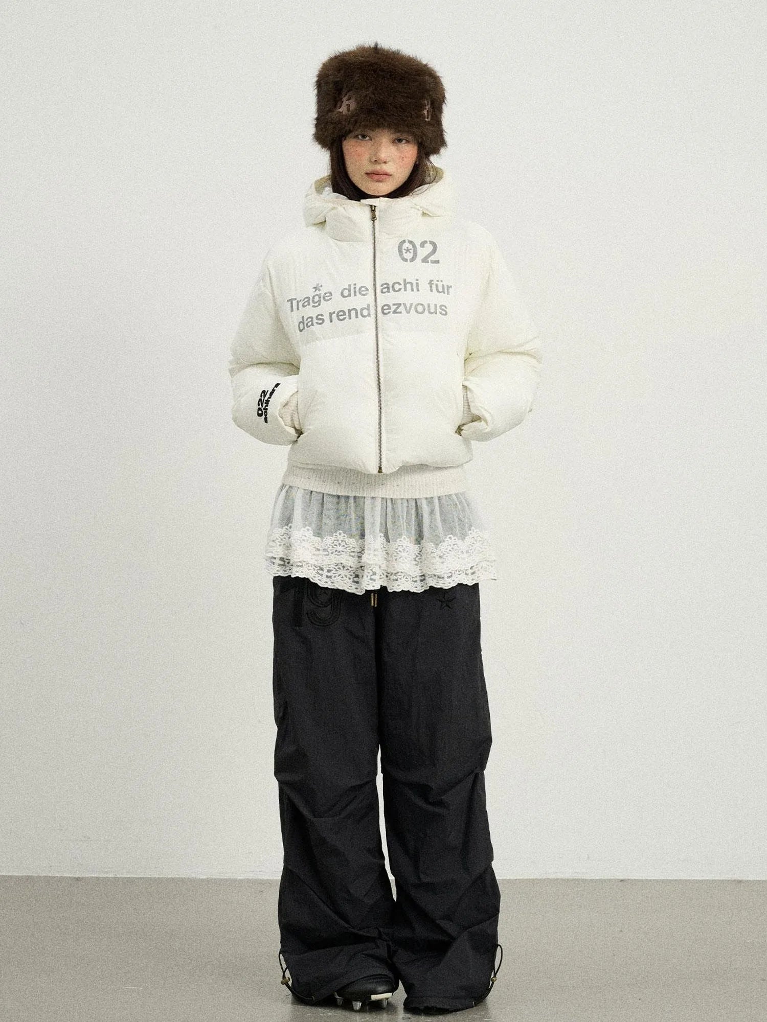 Puffy Quilted Winter Coat With German Print