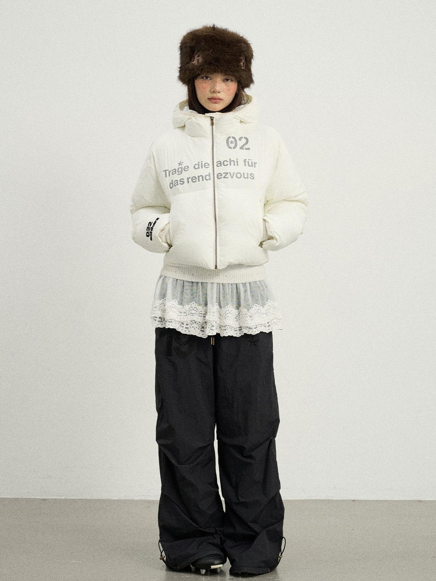 Achihara Puffy Quilted Winter Coat With German Print