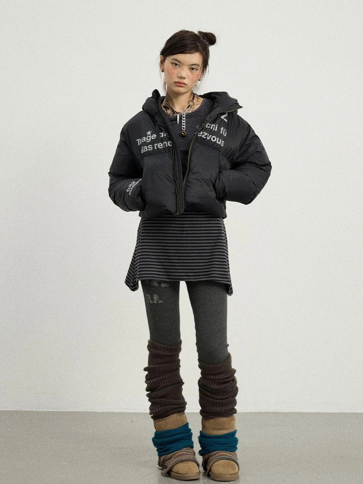 Puffy Quilted Winter Coat With German Print