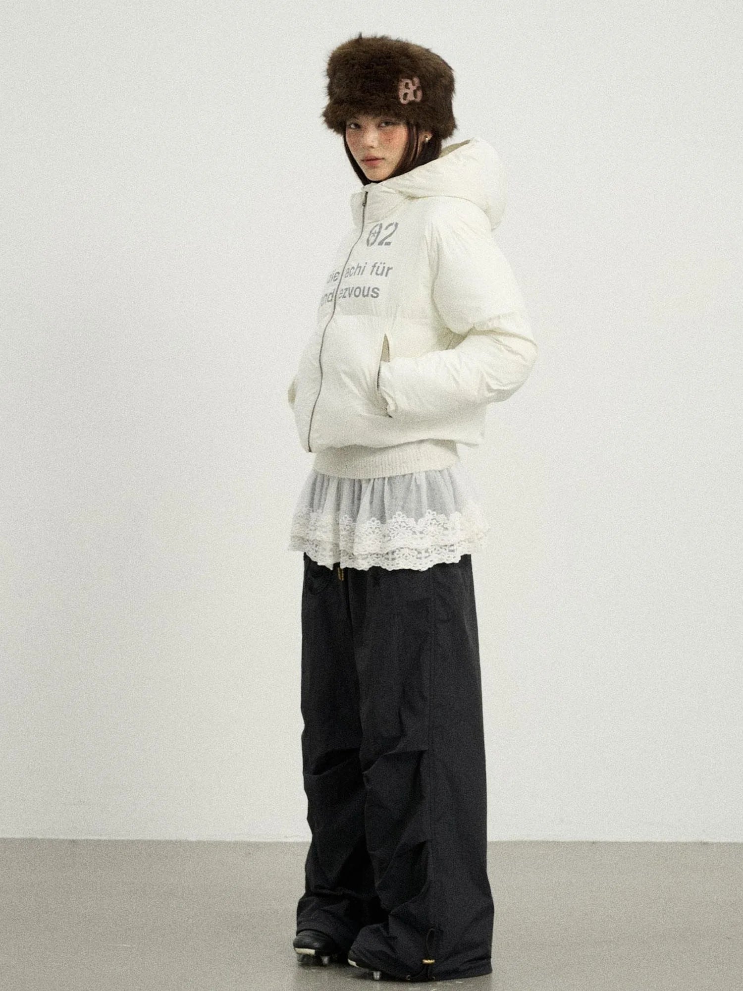 Puffy Quilted Winter Coat With German Print