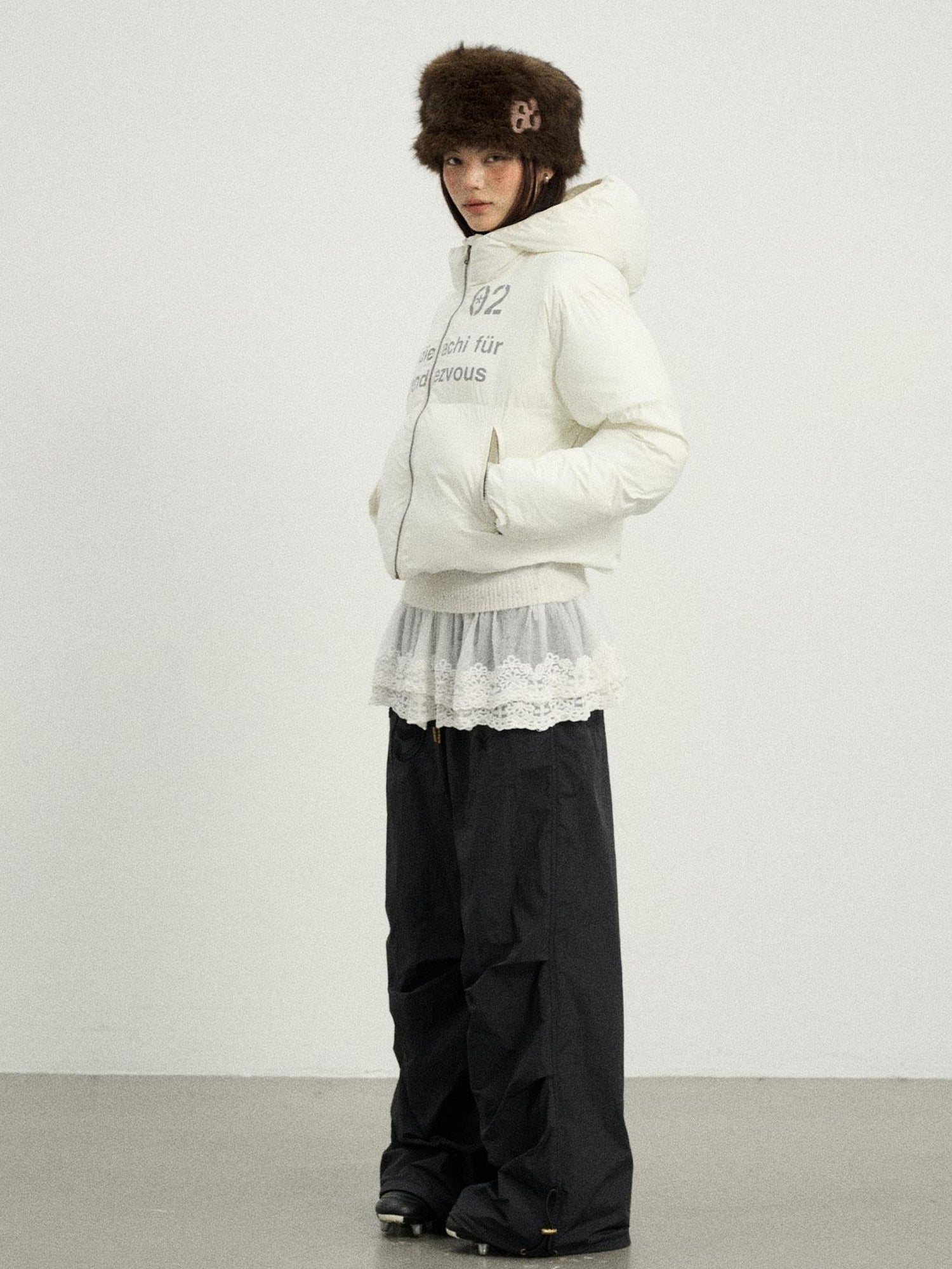 Achihara Puffy Quilted Winter Coat With German Print