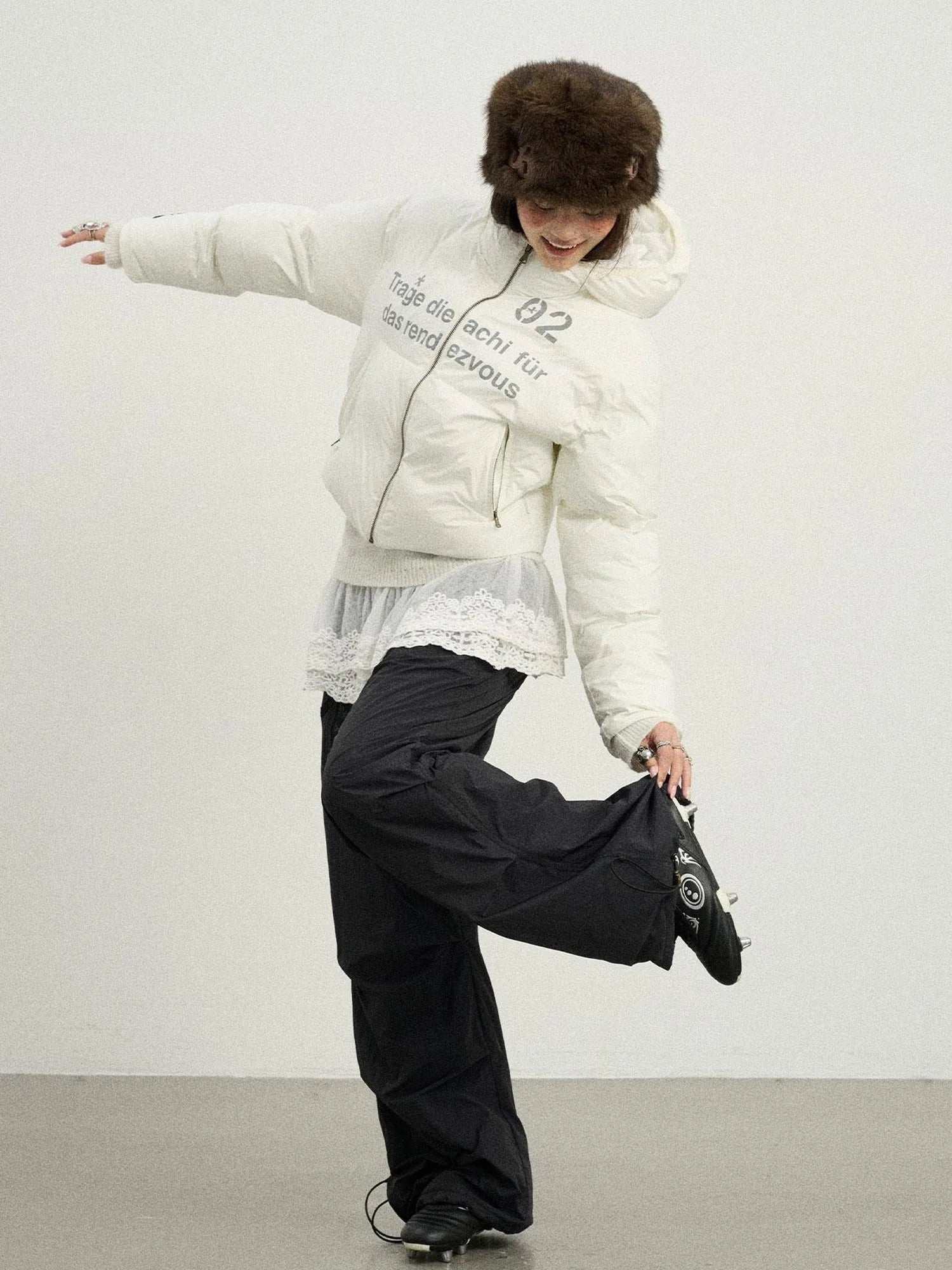 Puffy Quilted Winter Coat With German Print