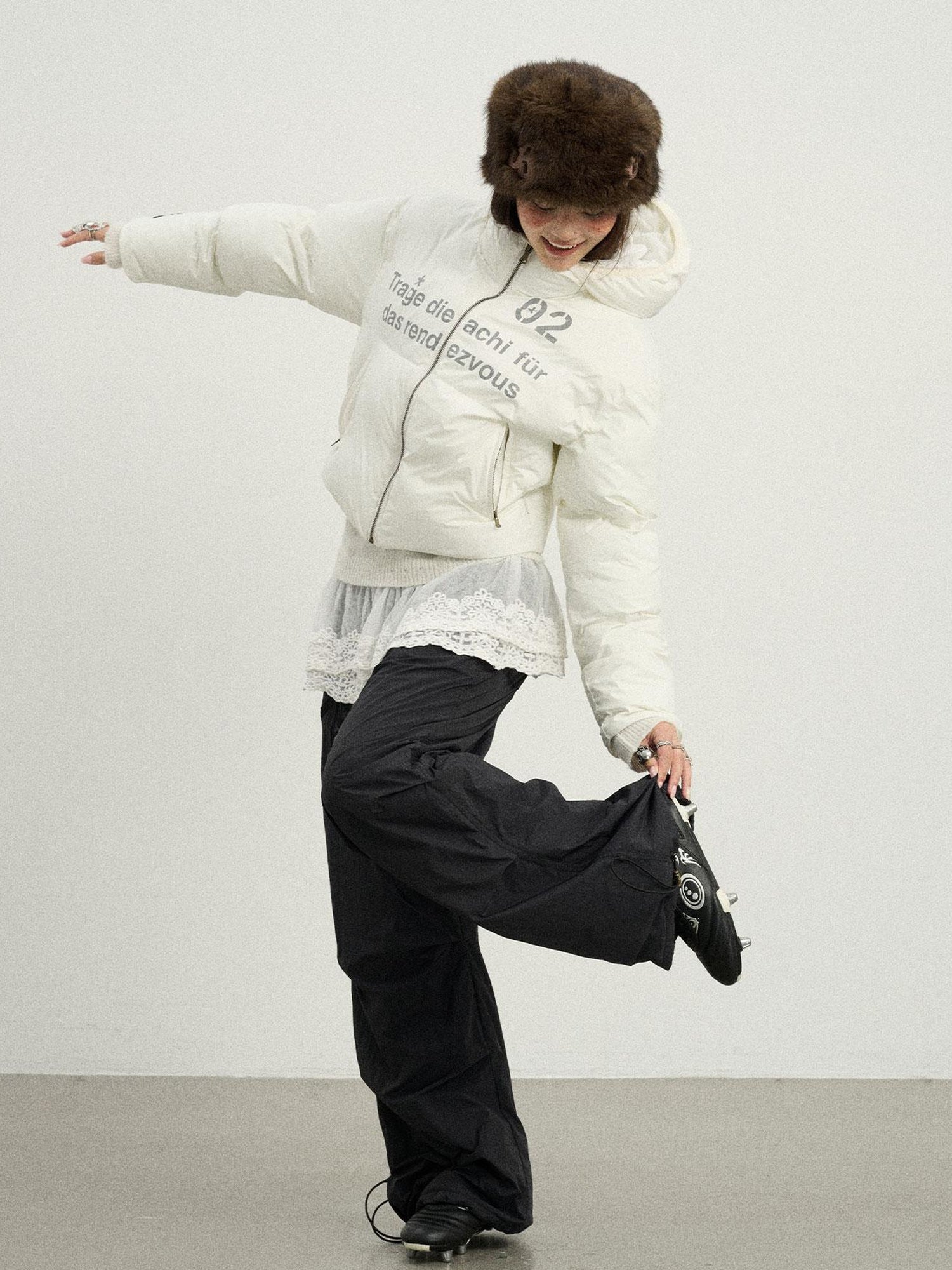 Achihara Puffy Quilted Winter Coat With German Print