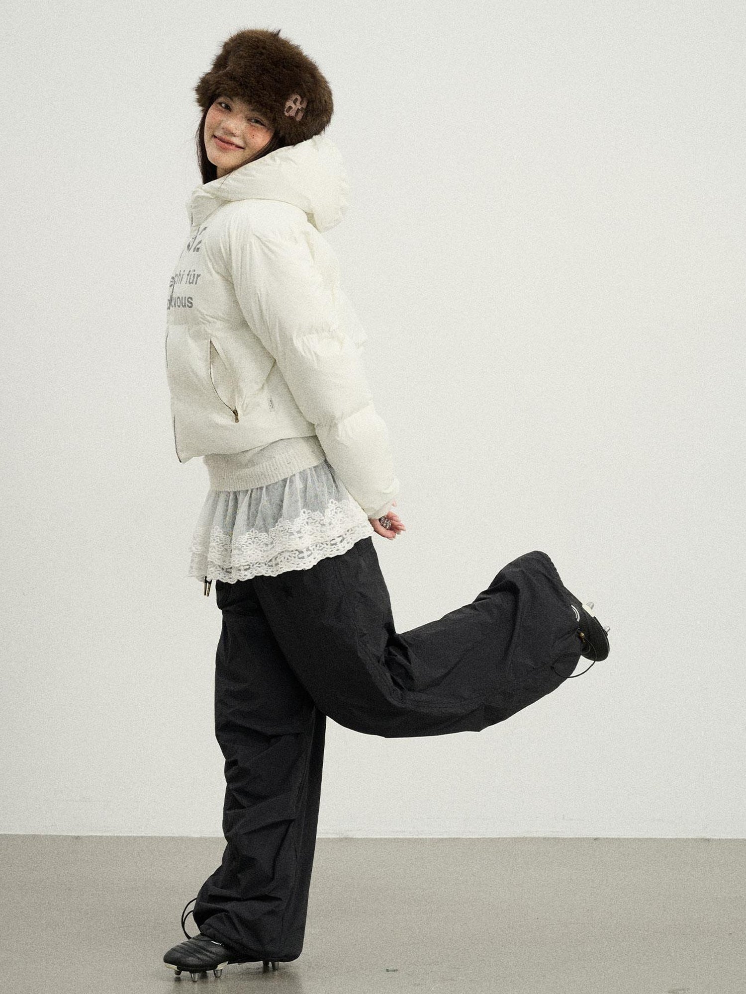 Achihara Puffy Quilted Winter Coat With German Print