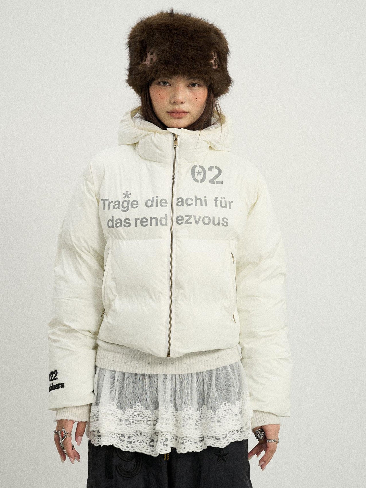Achihara Puffy Quilted Winter Coat With German Print