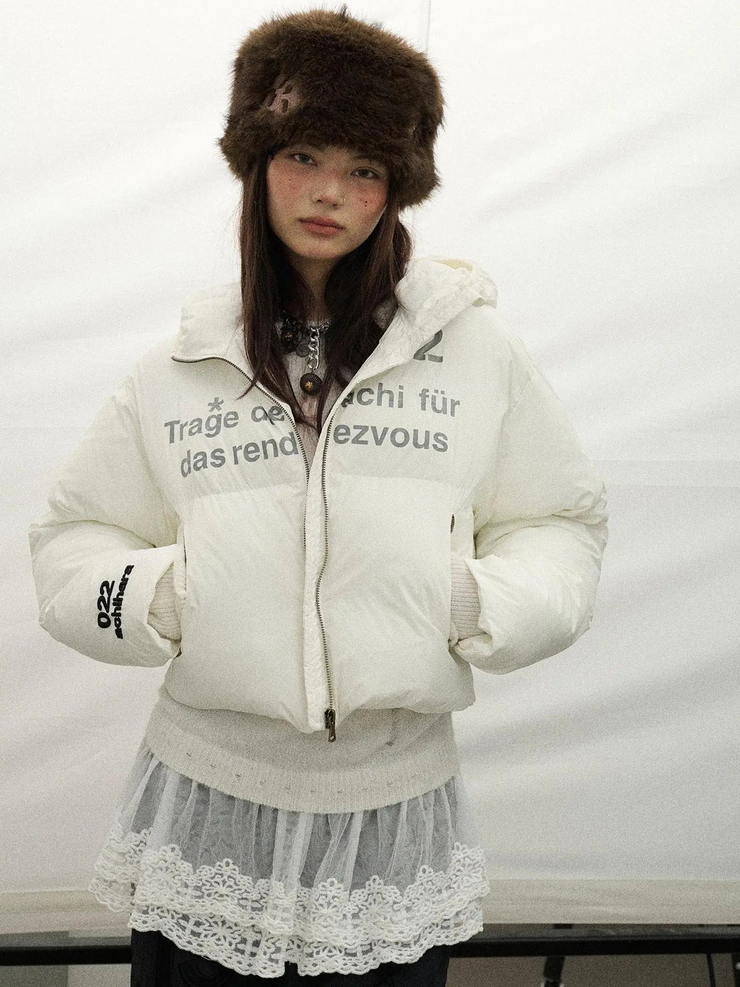 Puffy Quilted Winter Coat With German Print