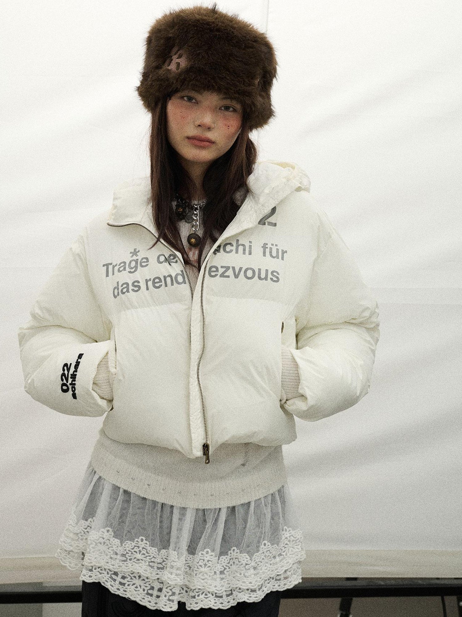 Achihara Puffy Quilted Winter Coat With German Print
