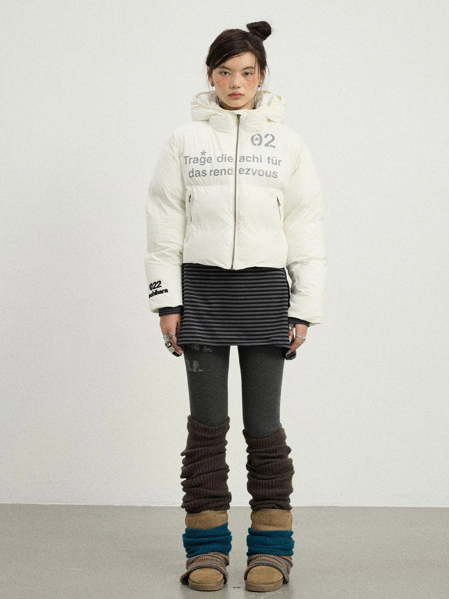 Puffy Quilted Winter Coat With German Print