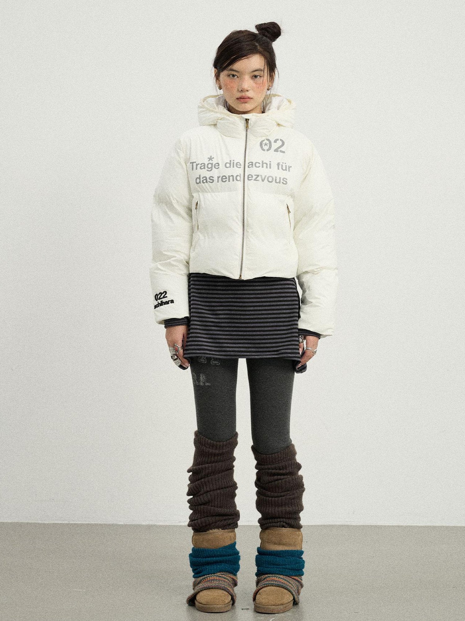 Achihara Puffy Quilted Winter Coat With German Print