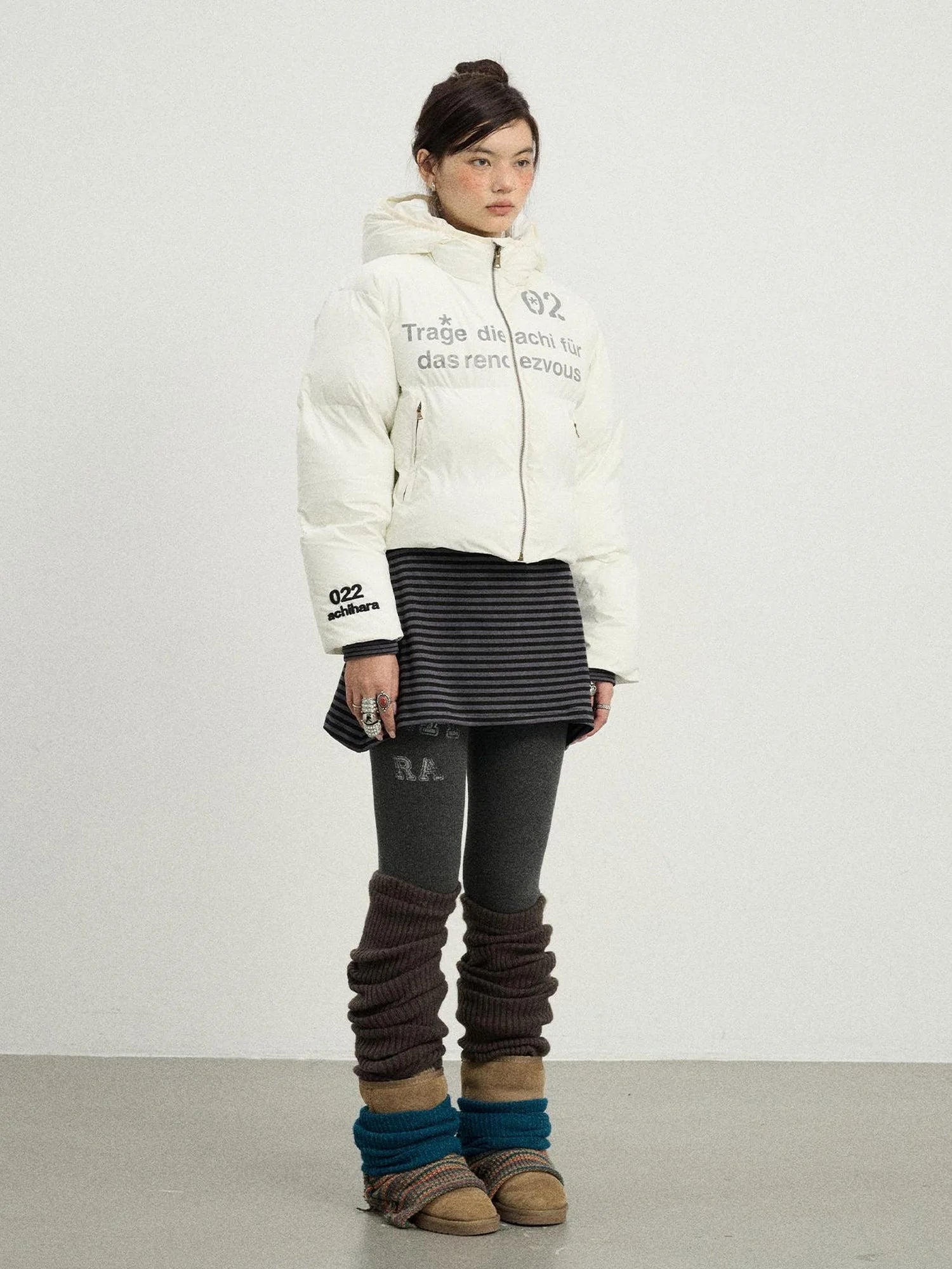 Puffy Quilted Winter Coat With German Print