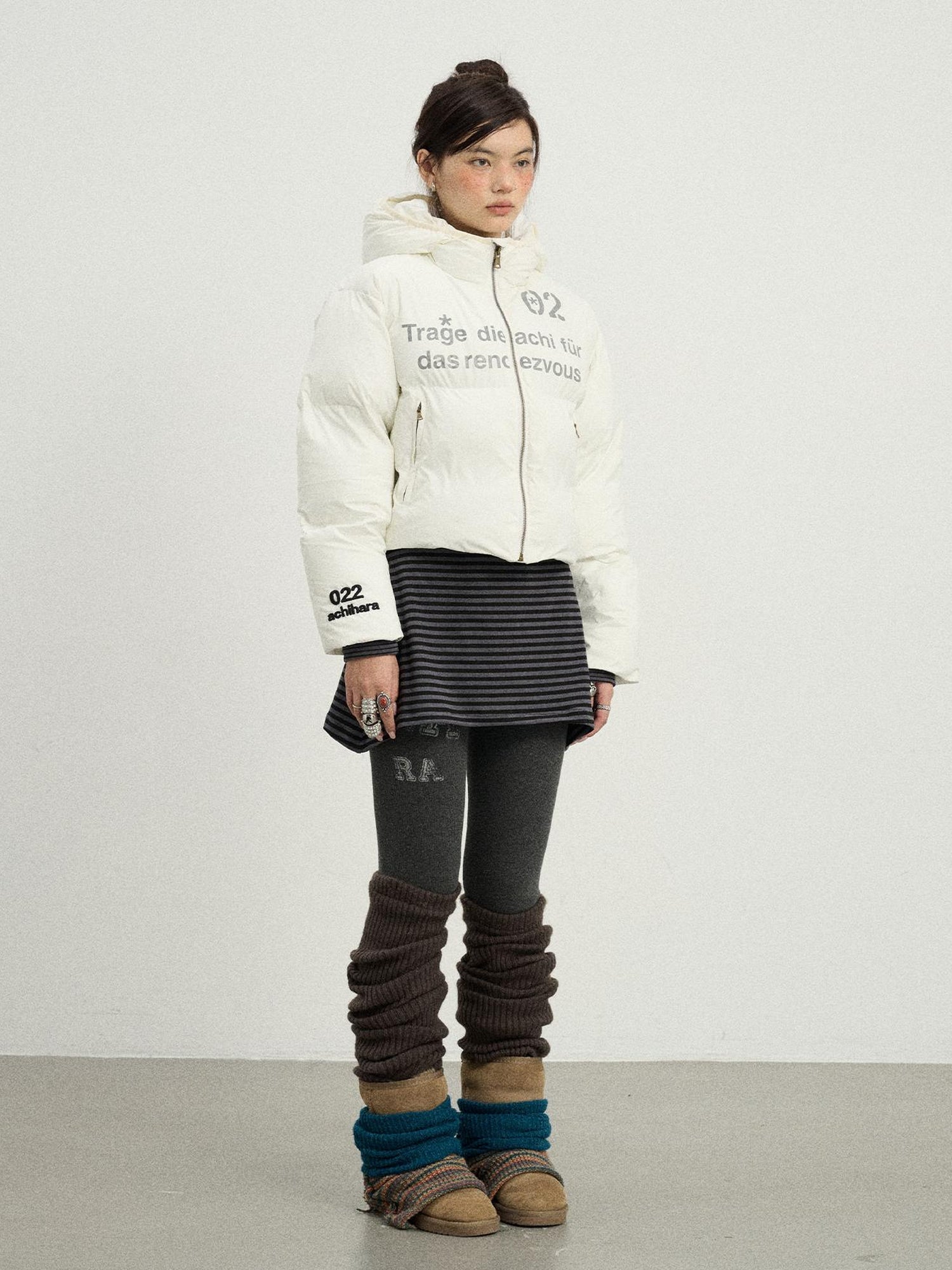 Achihara Puffy Quilted Winter Coat With German Print