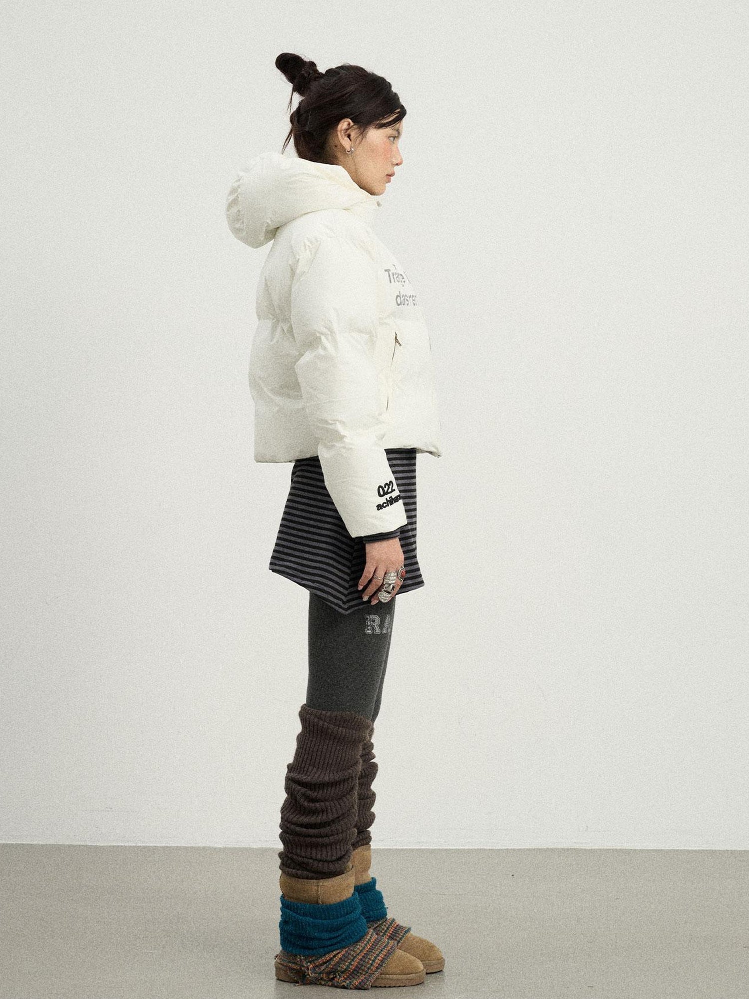 Achihara Puffy Quilted Winter Coat With German Print