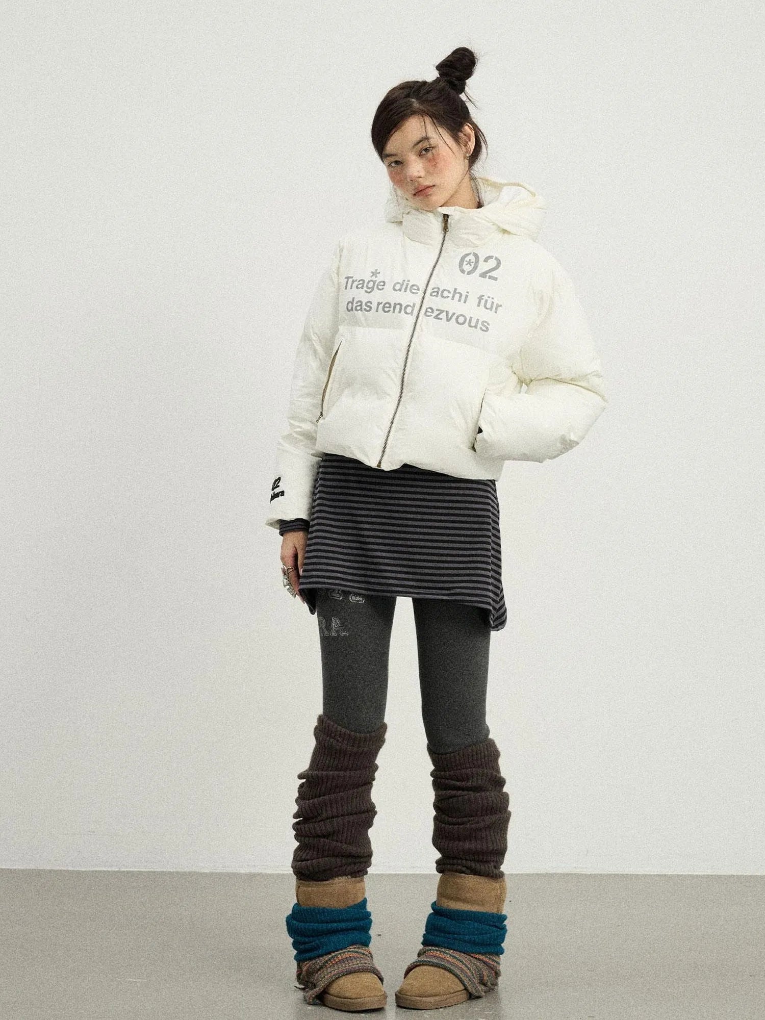 Puffy Quilted Winter Coat With German Print