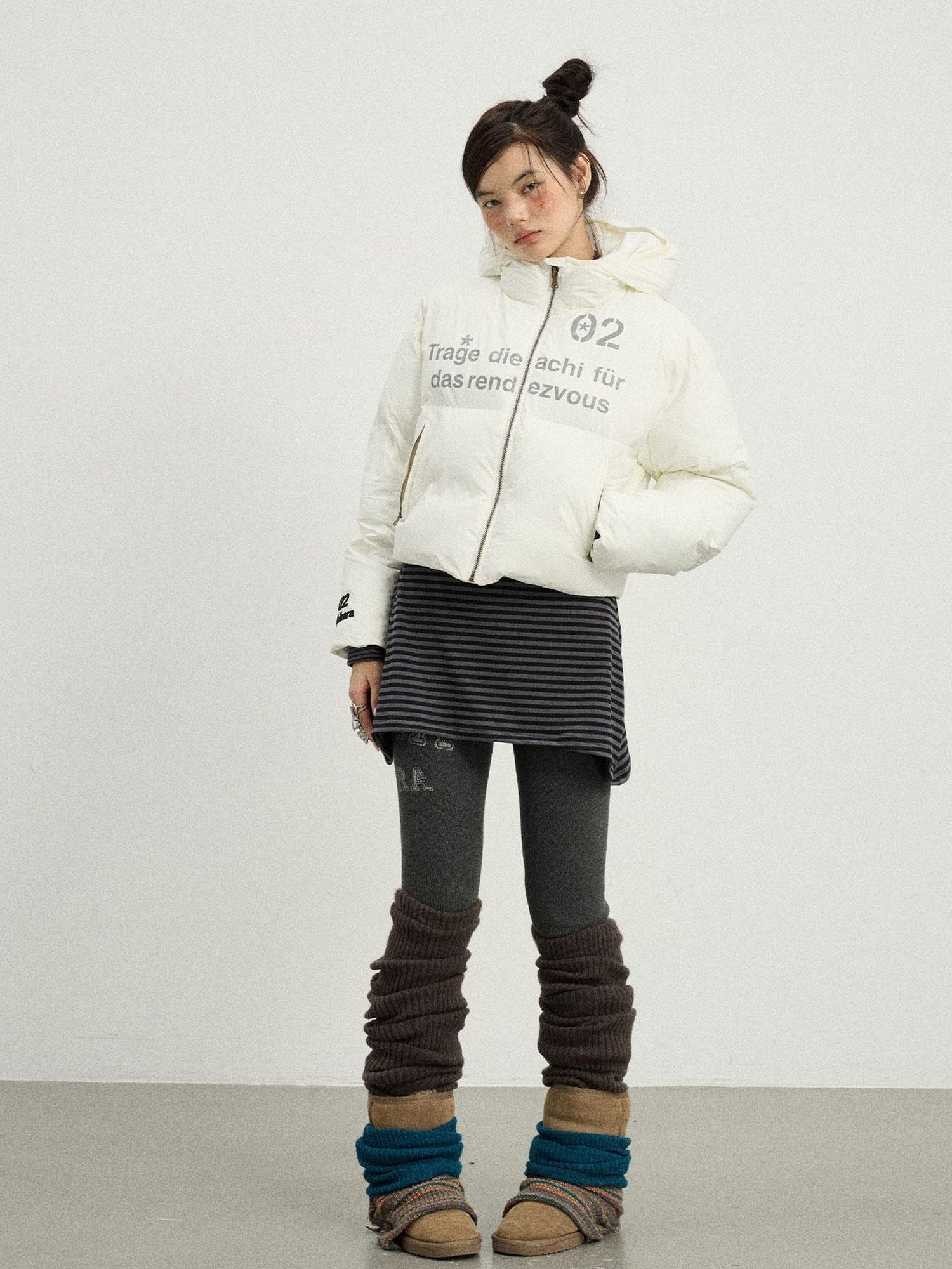 Achihara Puffy Quilted Winter Coat With German Print