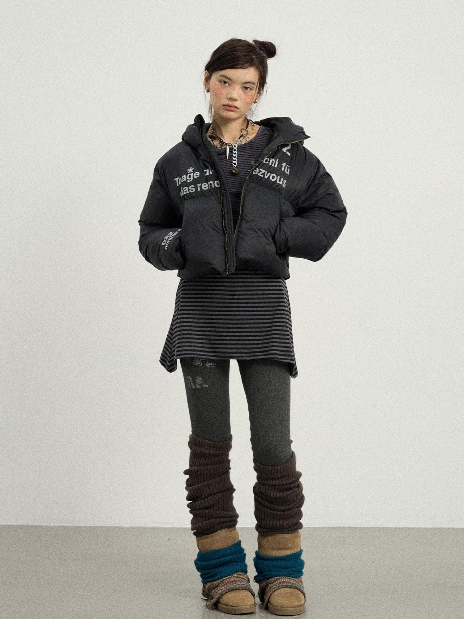 Achihara Puffy Quilted Winter Coat With German Print