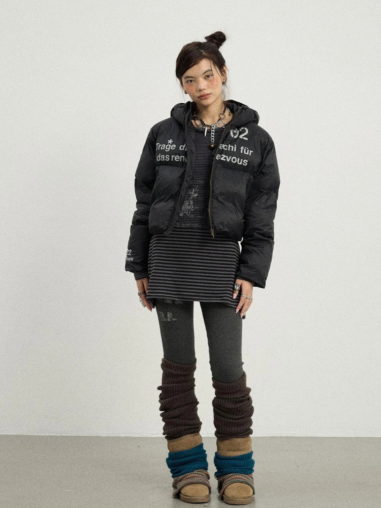 Puffy Quilted Winter Coat With German Print