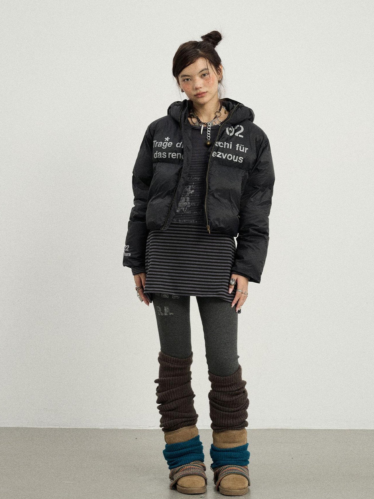 Achihara Puffy Quilted Winter Coat With German Print