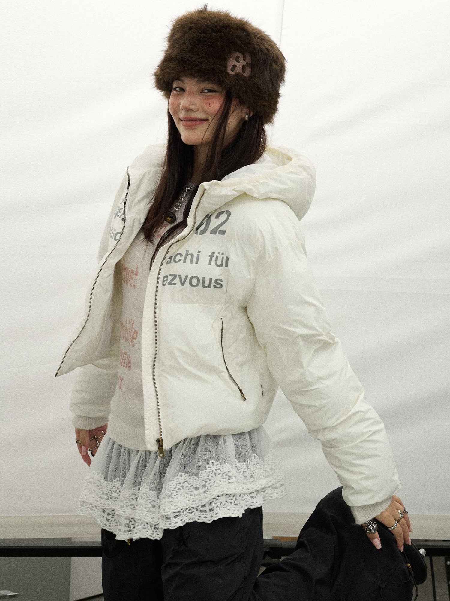 Achihara Puffy Quilted Winter Coat With German Print
