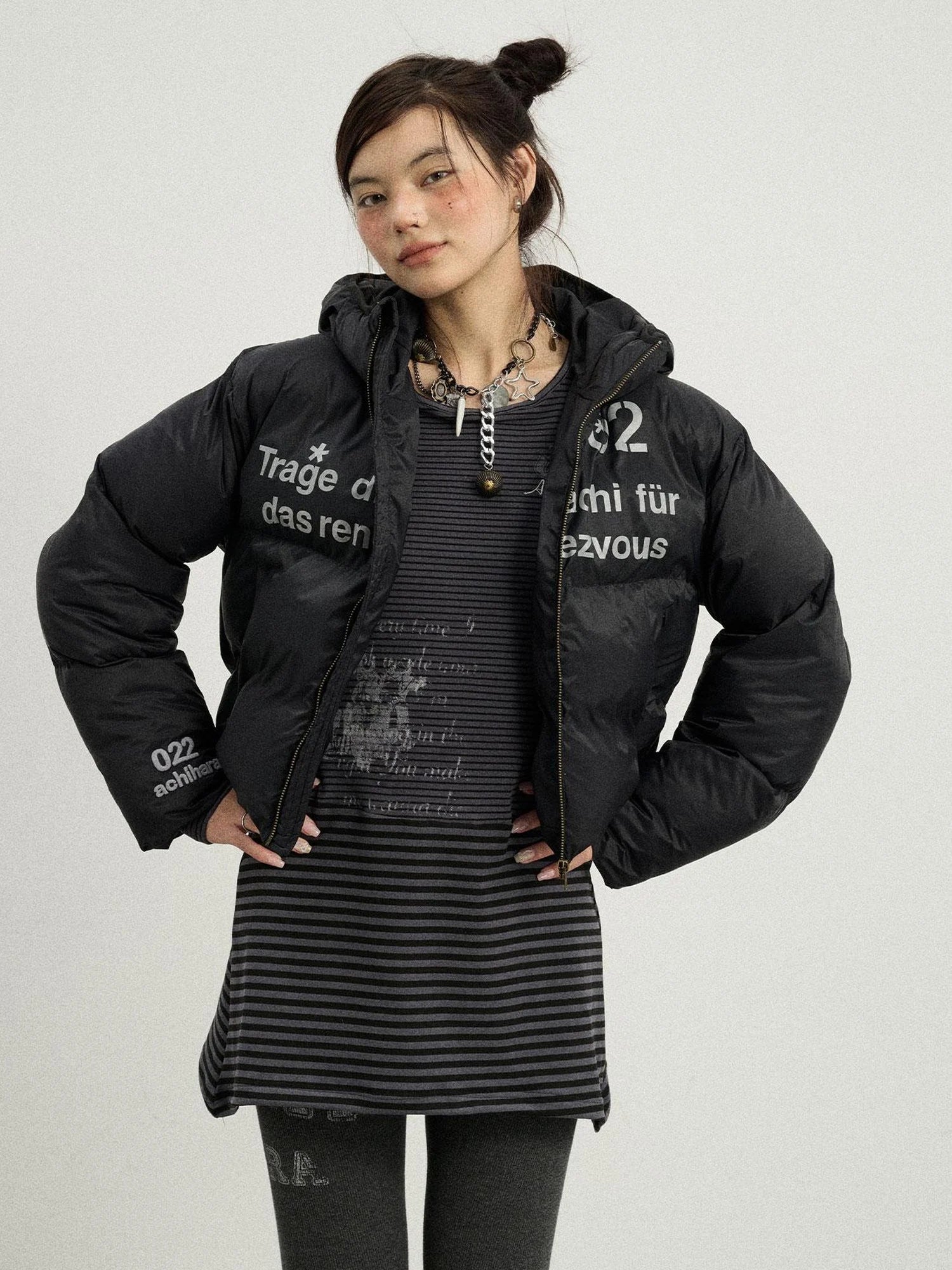 Puffy Quilted Winter Coat With German Print