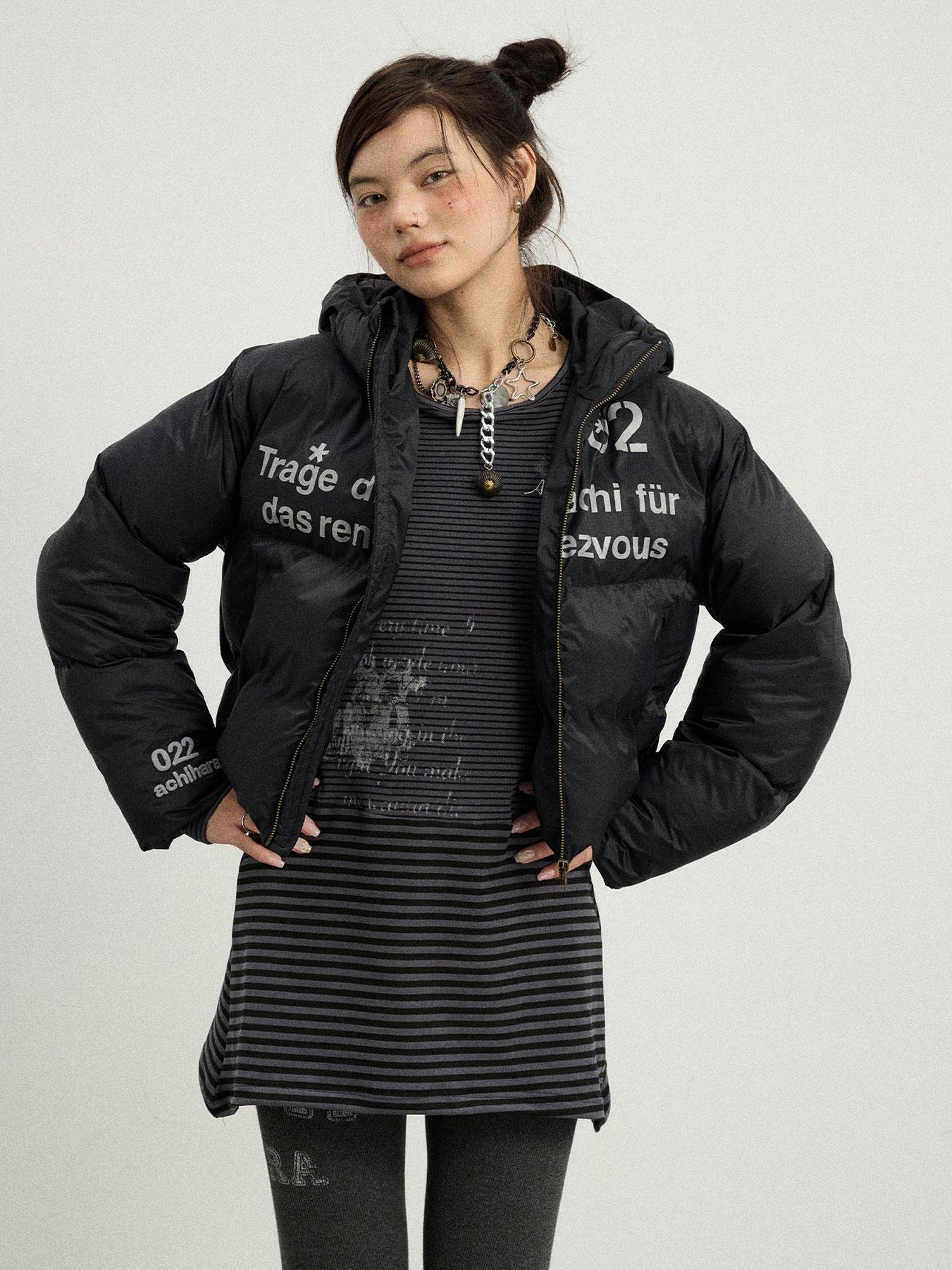 Achihara Puffy Quilted Winter Coat With German Print