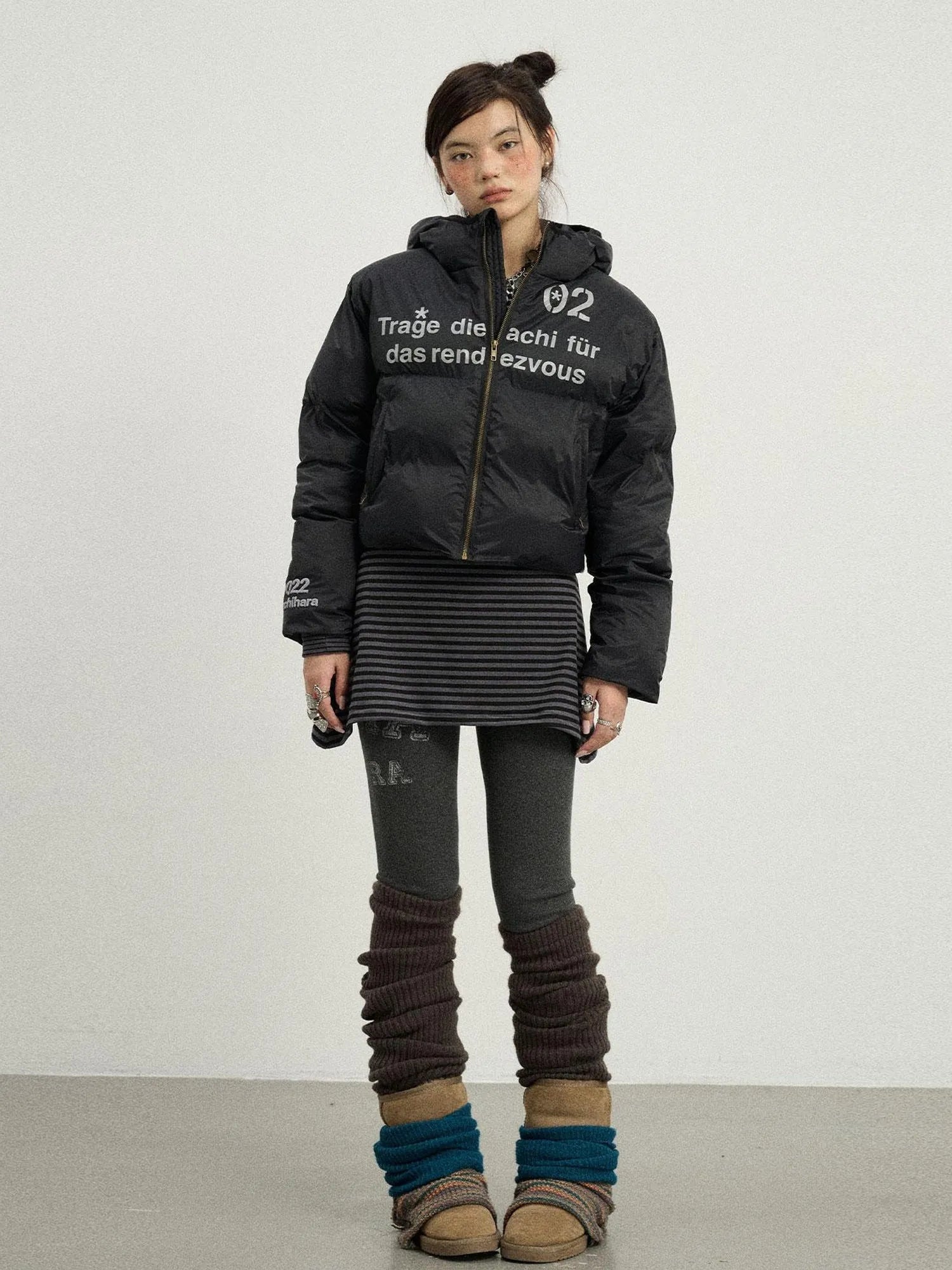 Puffy Quilted Winter Coat With German Print