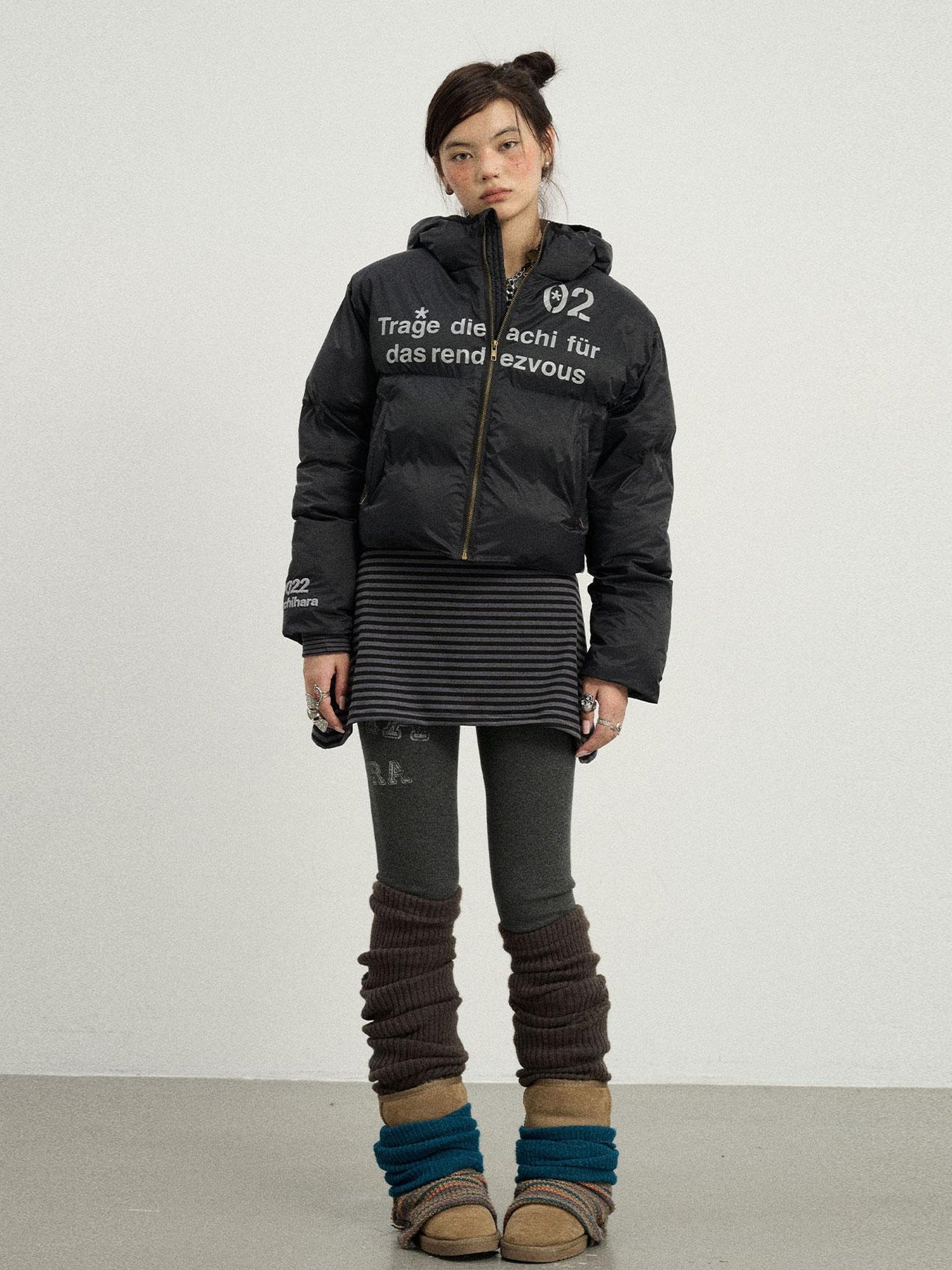 Achihara Puffy Quilted Winter Coat With German Print