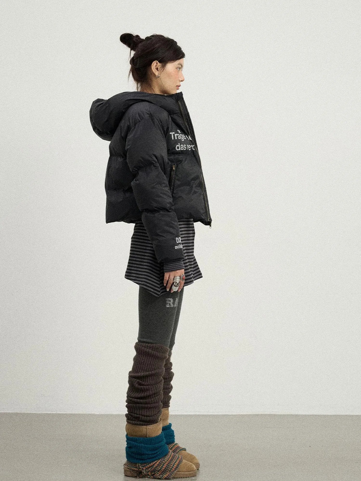 Puffy Quilted Winter Coat With German Print