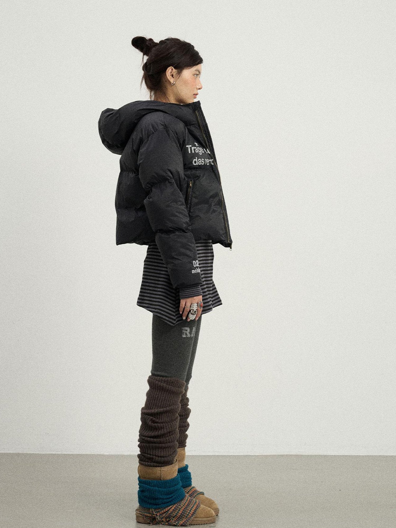 Achihara Puffy Quilted Winter Coat With German Print