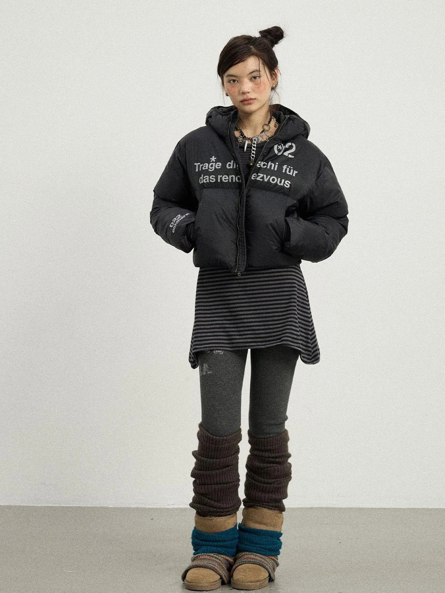 Puffy Quilted Winter Coat With German Print