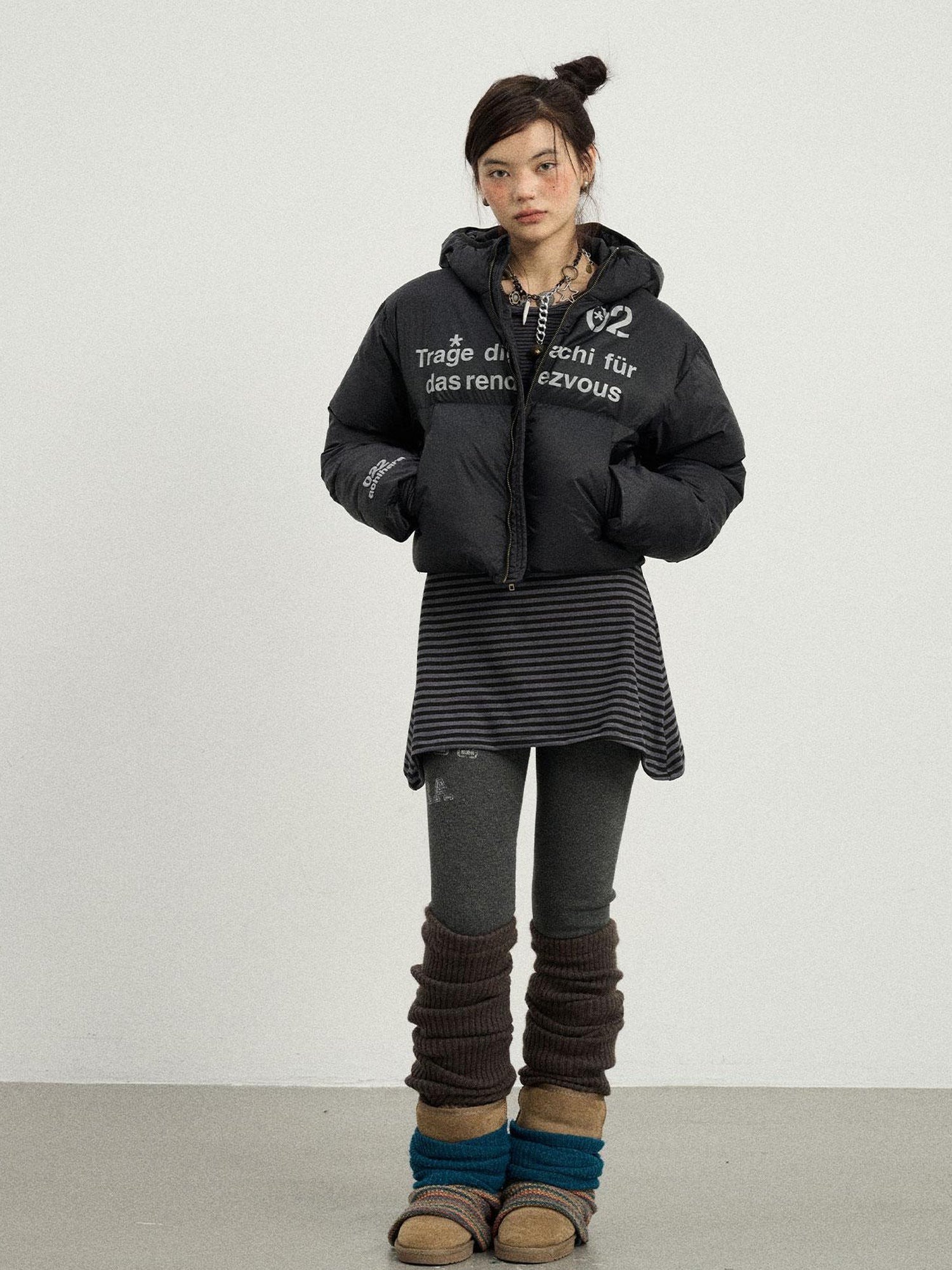 Achihara Puffy Quilted Winter Coat With German Print