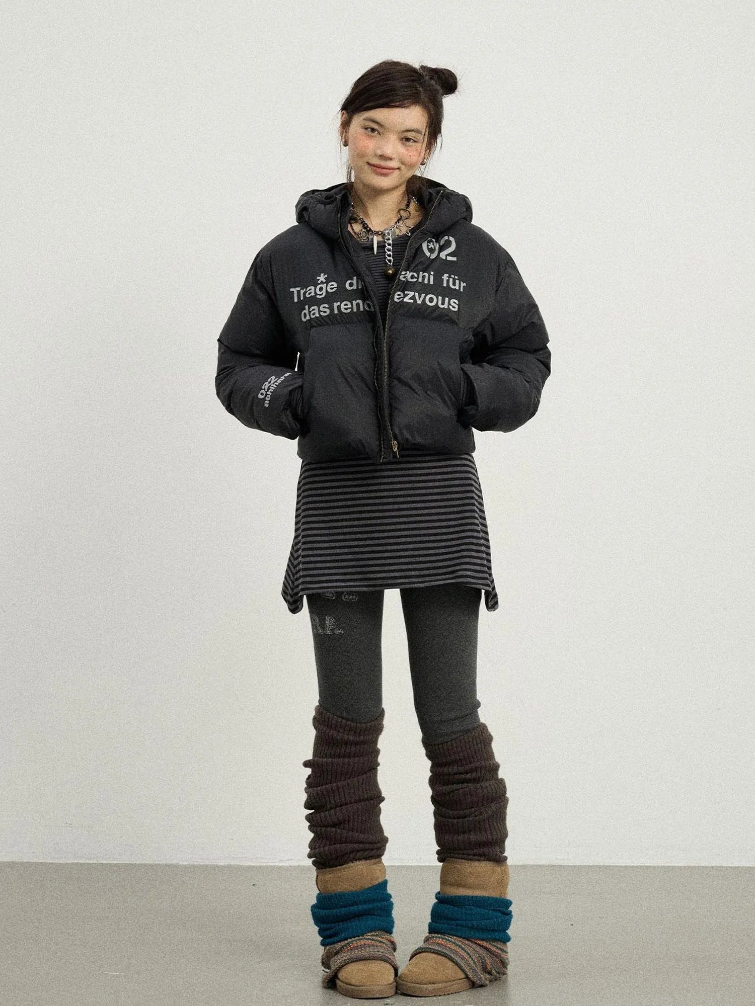 Puffy Quilted Winter Coat With German Print