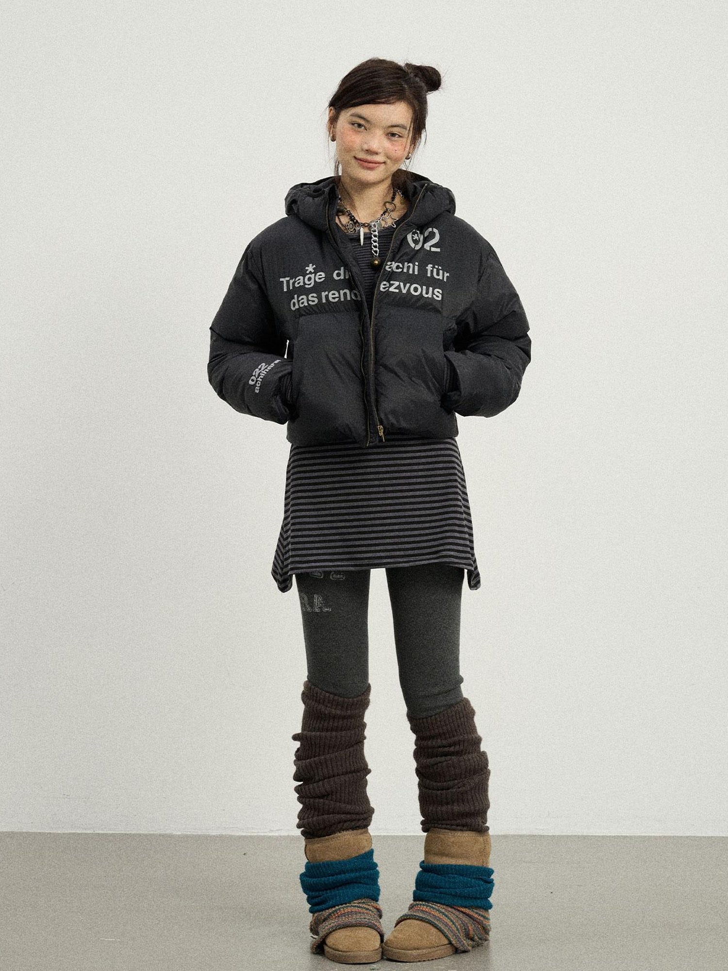 Achihara Puffy Quilted Winter Coat With German Print