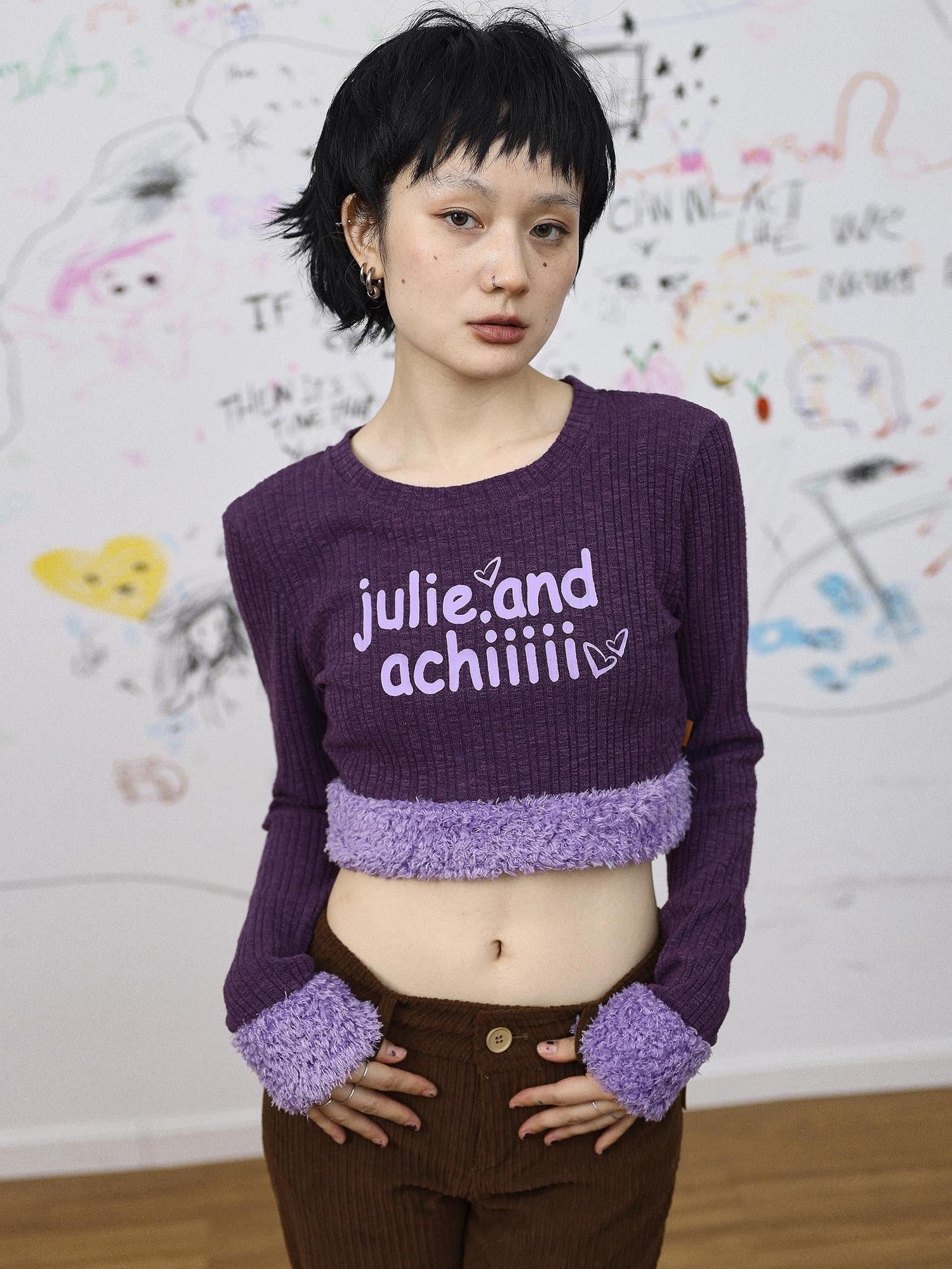 Achihara Purple Fluffy Trim Knit Sweater Retro Party Top
