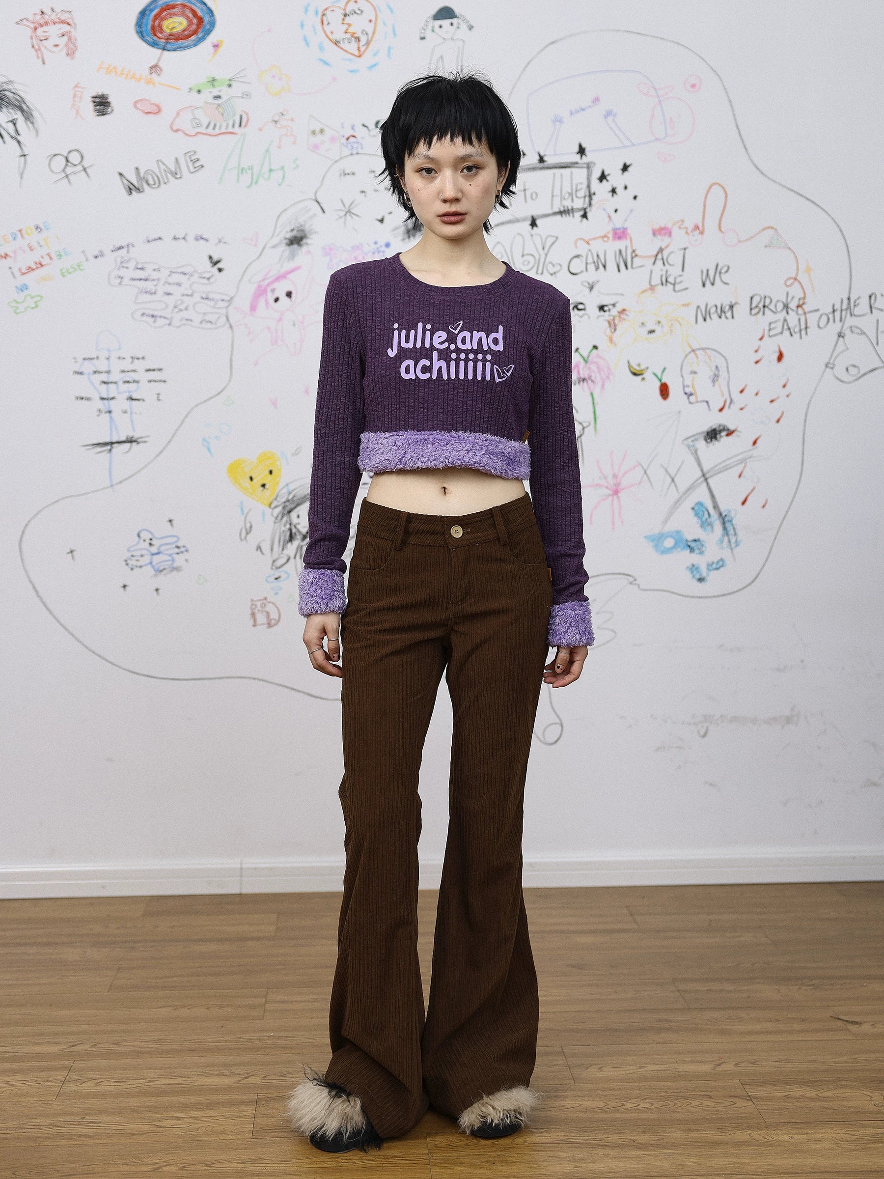 Achihara Purple Fluffy Trim Knit Sweater Retro Party Top-5