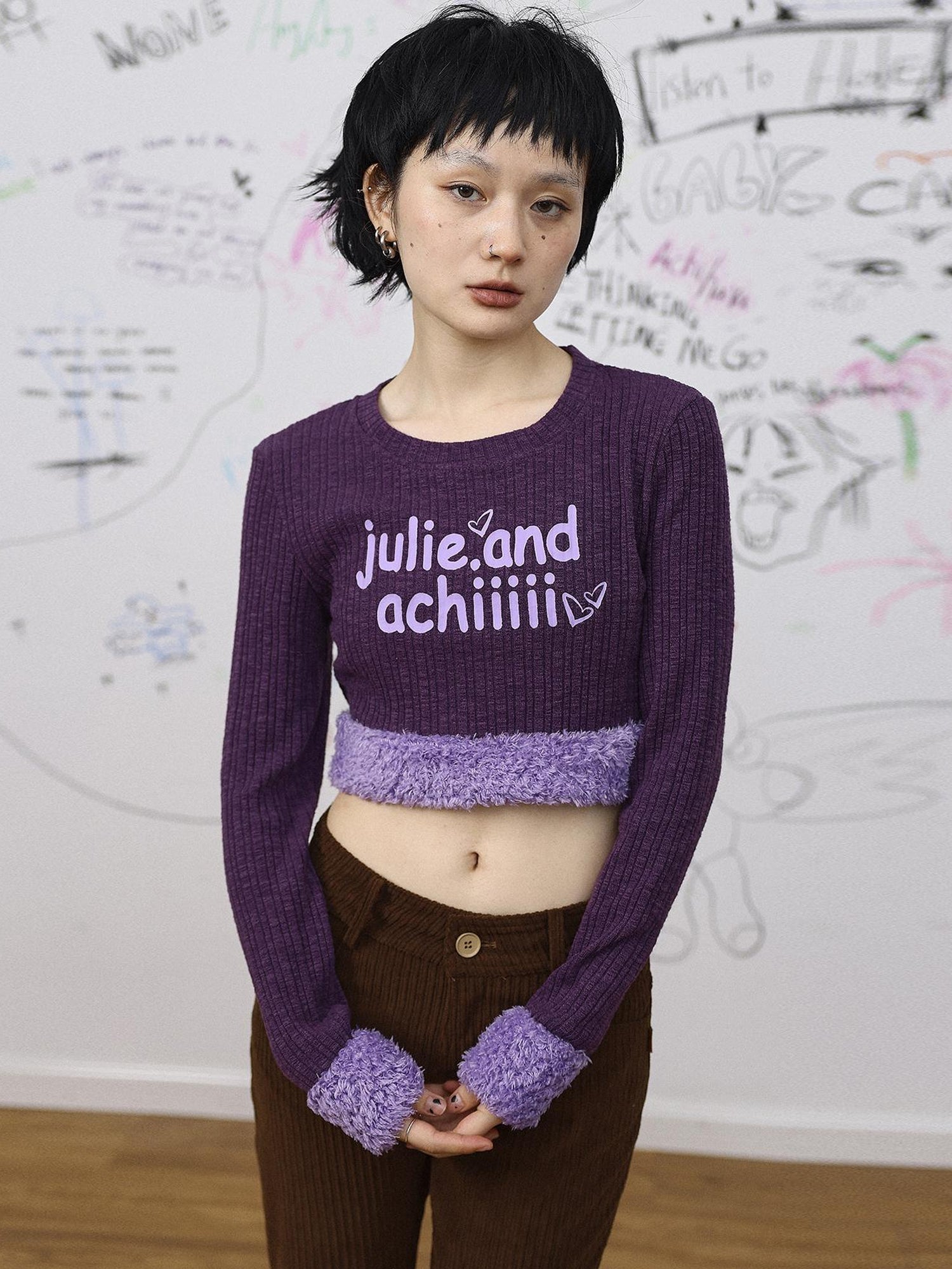 Achihara Purple Fluffy Trim Knit Sweater Retro Party Top