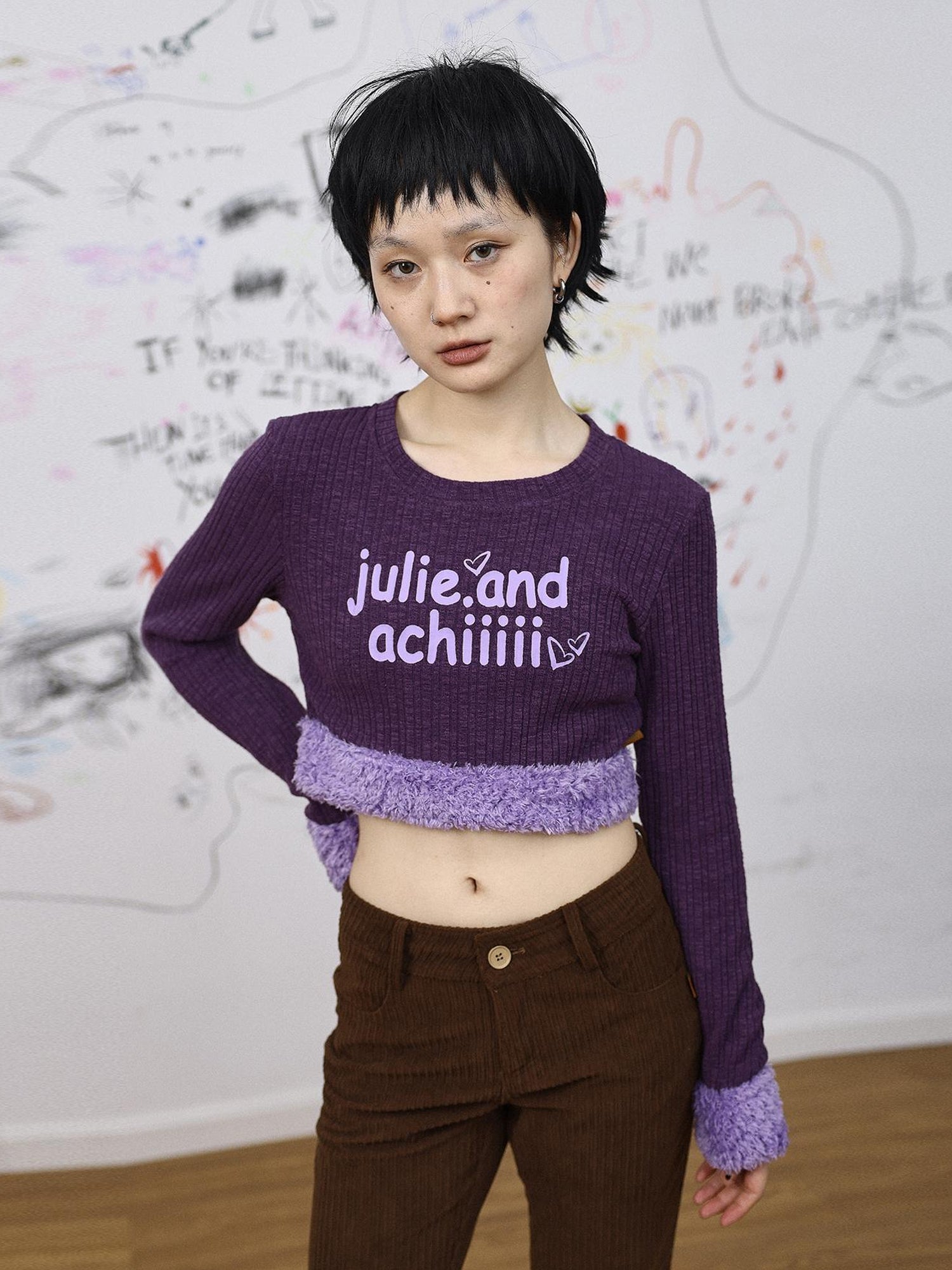 Achihara Purple Fluffy Trim Knit Sweater Retro Party Top