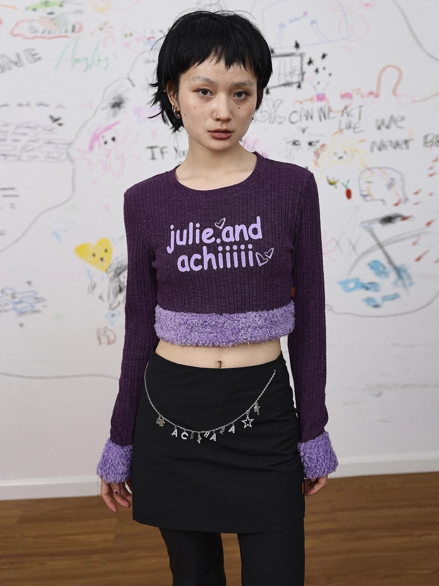 Purple Fluffy Trim Knit Sweater Retro Party Top