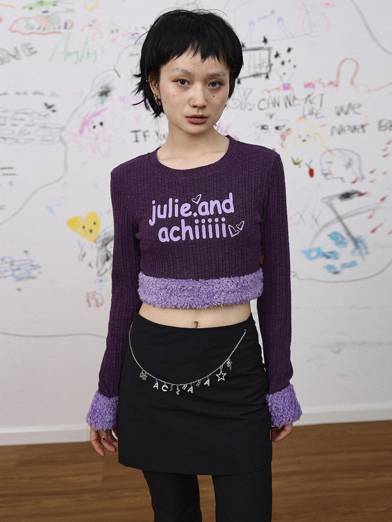 Achihara Purple Fluffy Trim Knit Sweater Retro Party Top