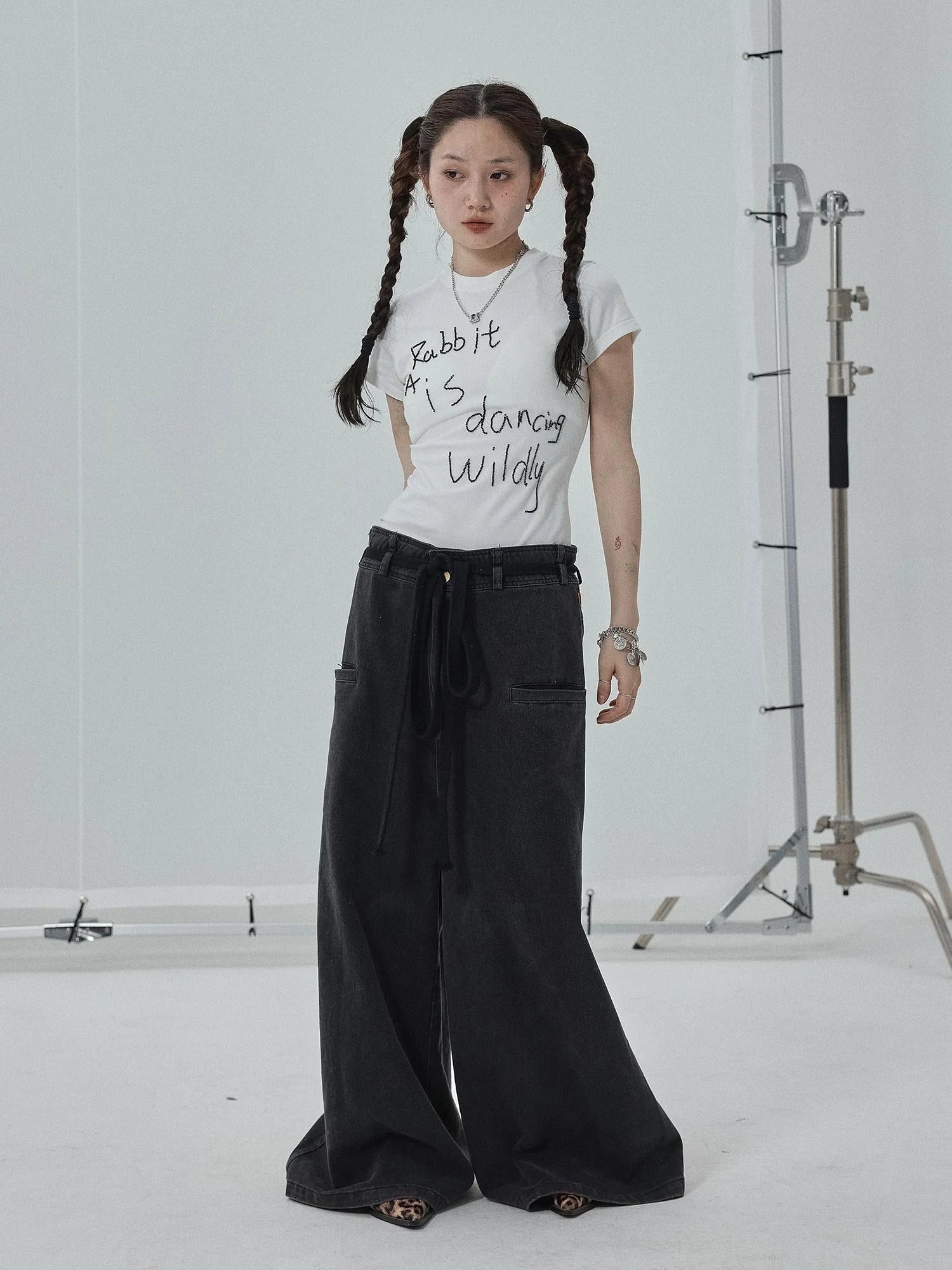 Rabbit Embroidered Cotton Tee with Bead Detail