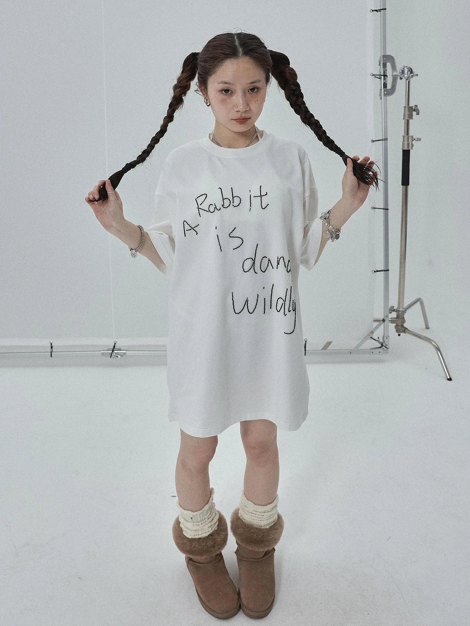 Rabbit Embroidered Cotton Tee with Bead Detail