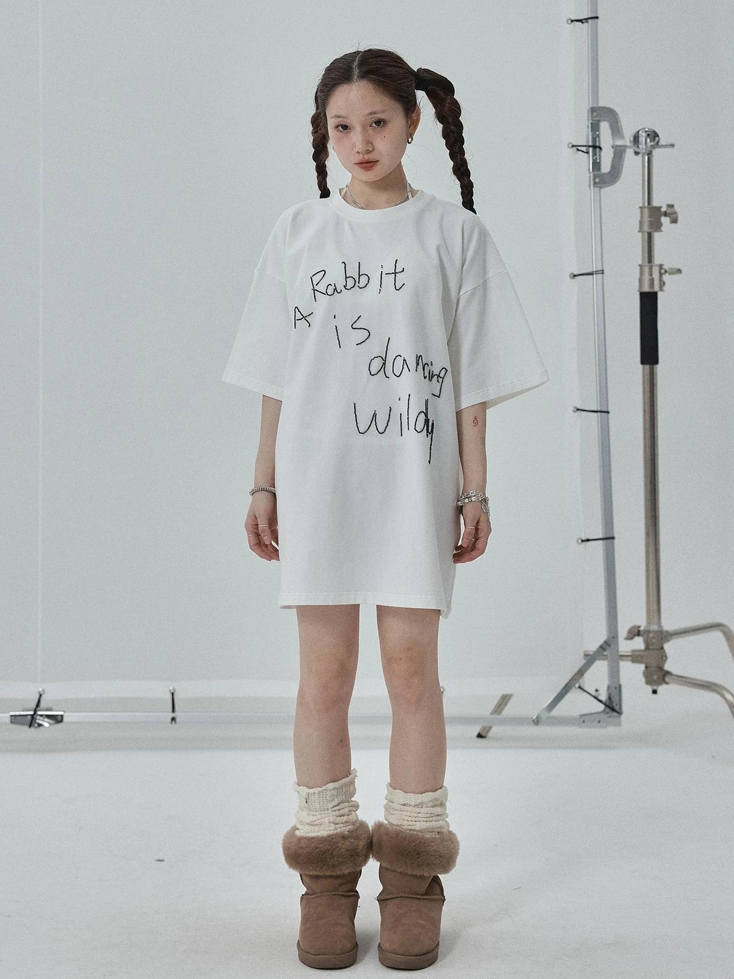 Rabbit Embroidered Cotton Tee with Bead Detail