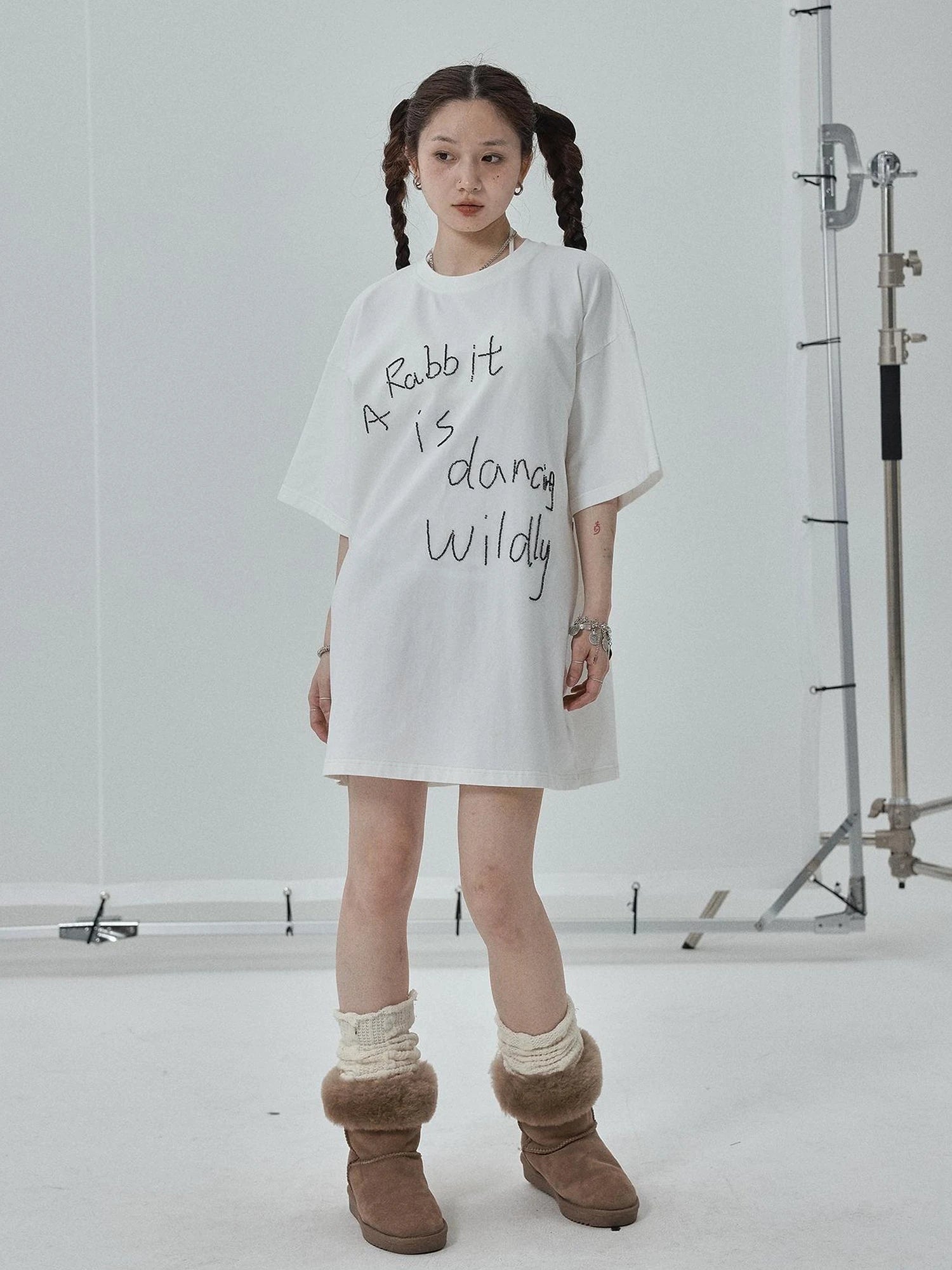 Rabbit Embroidered Cotton Tee with Bead Detail