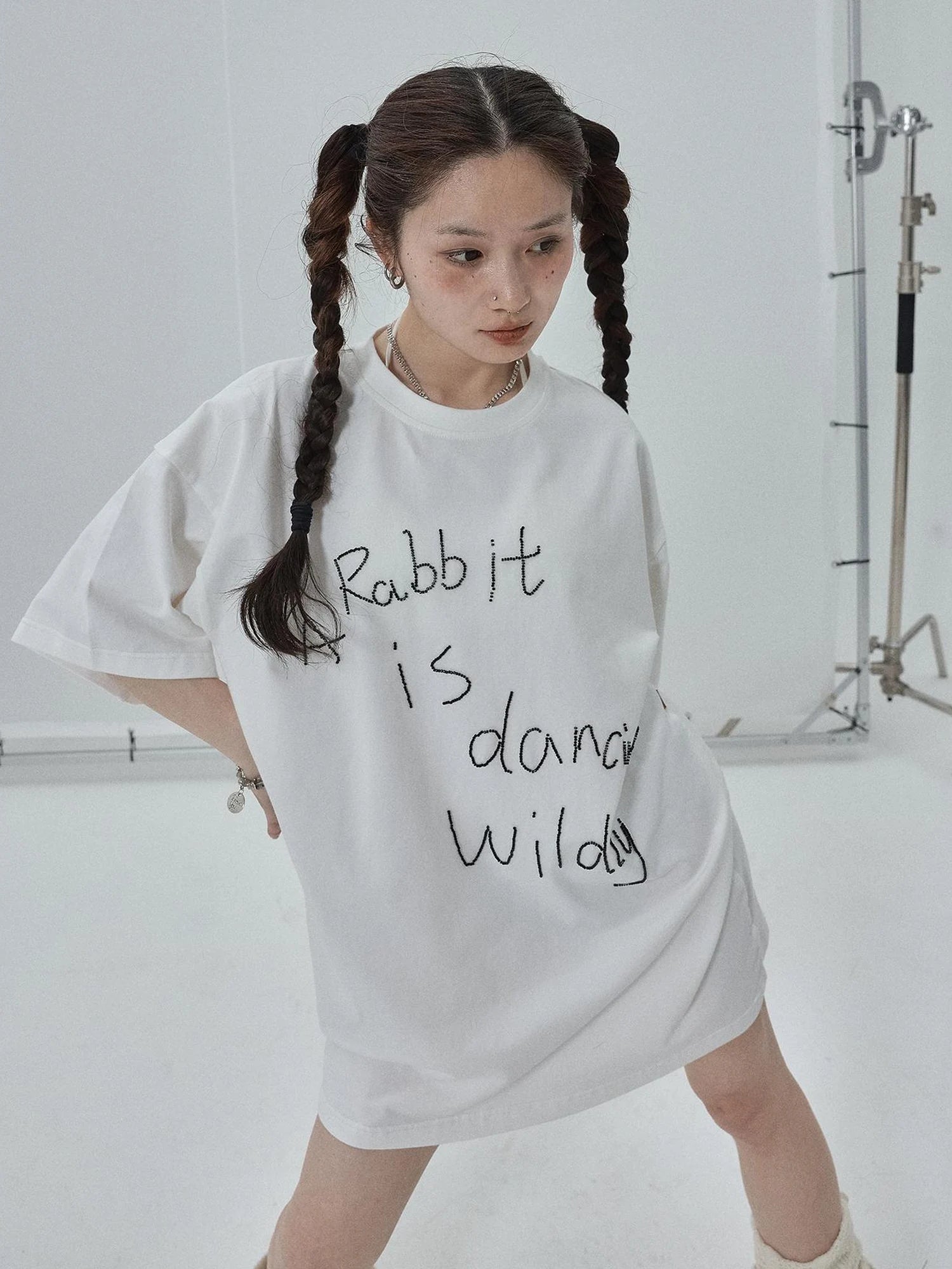 Rabbit Embroidered Cotton Tee with Bead Detail