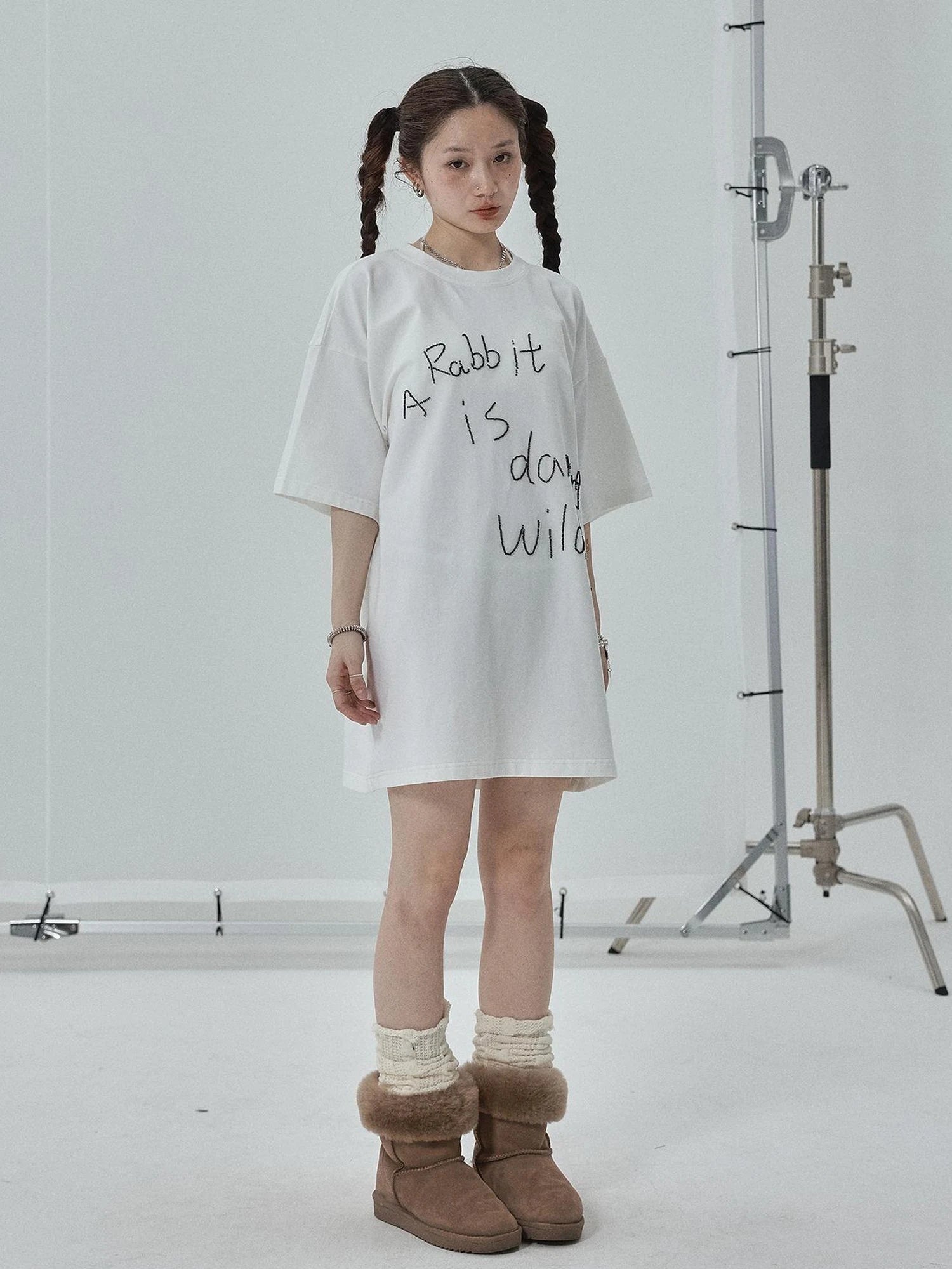 Rabbit Embroidered Cotton Tee with Bead Detail