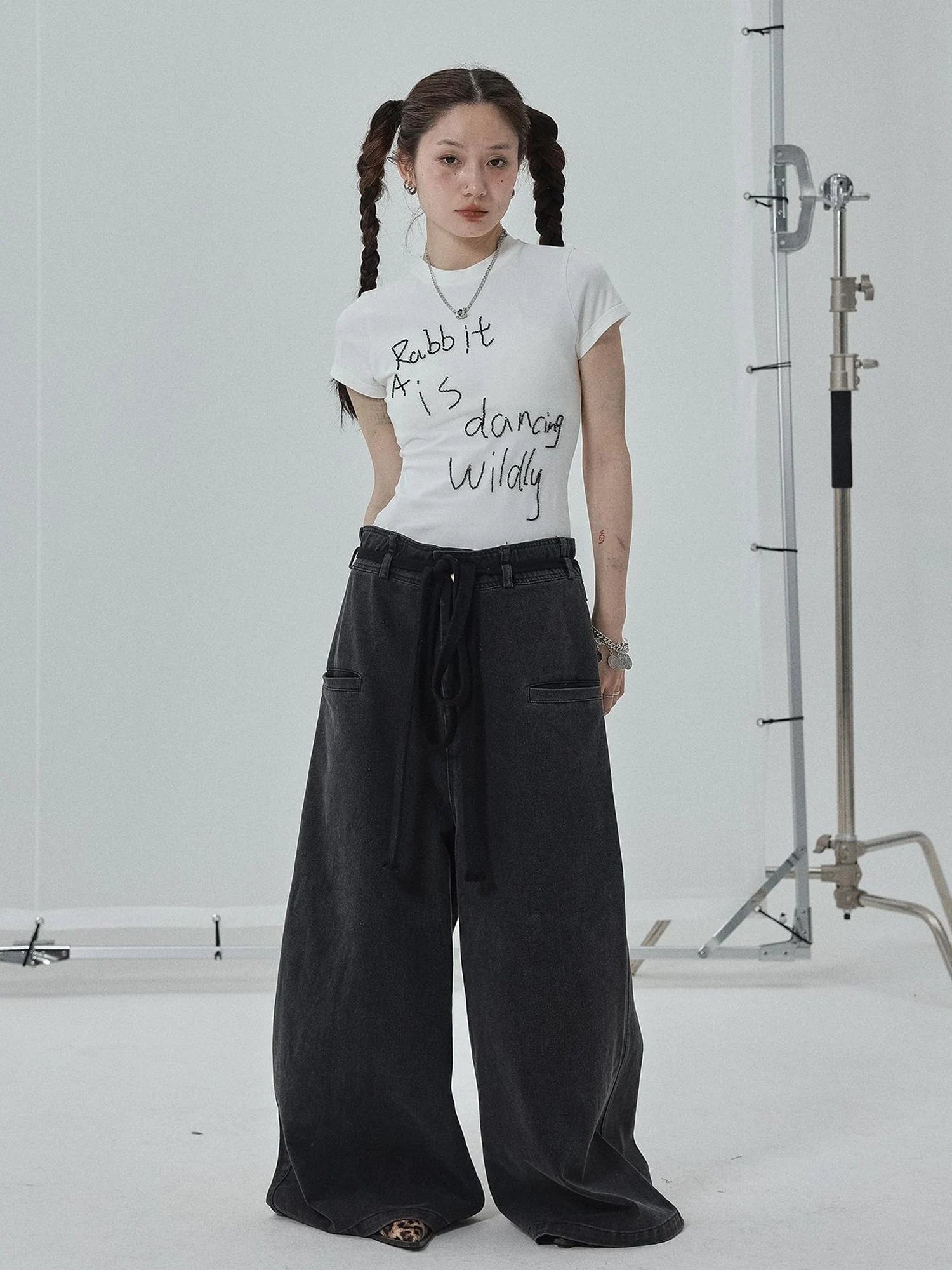 Rabbit Embroidered Cotton Tee with Bead Detail