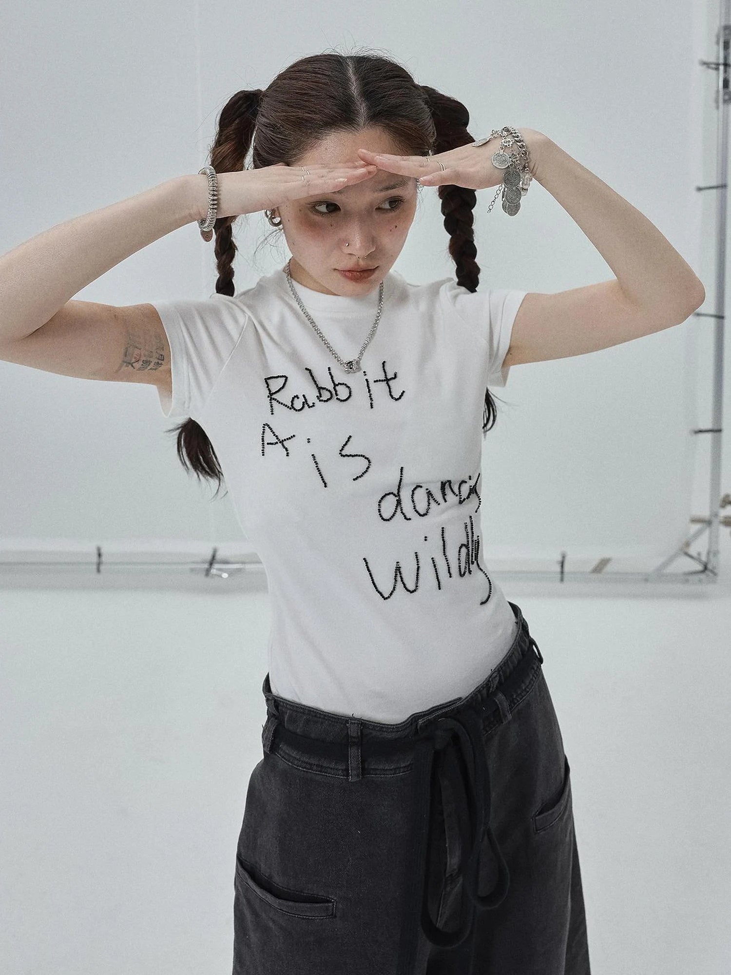 Rabbit Embroidered Cotton Tee with Bead Detail