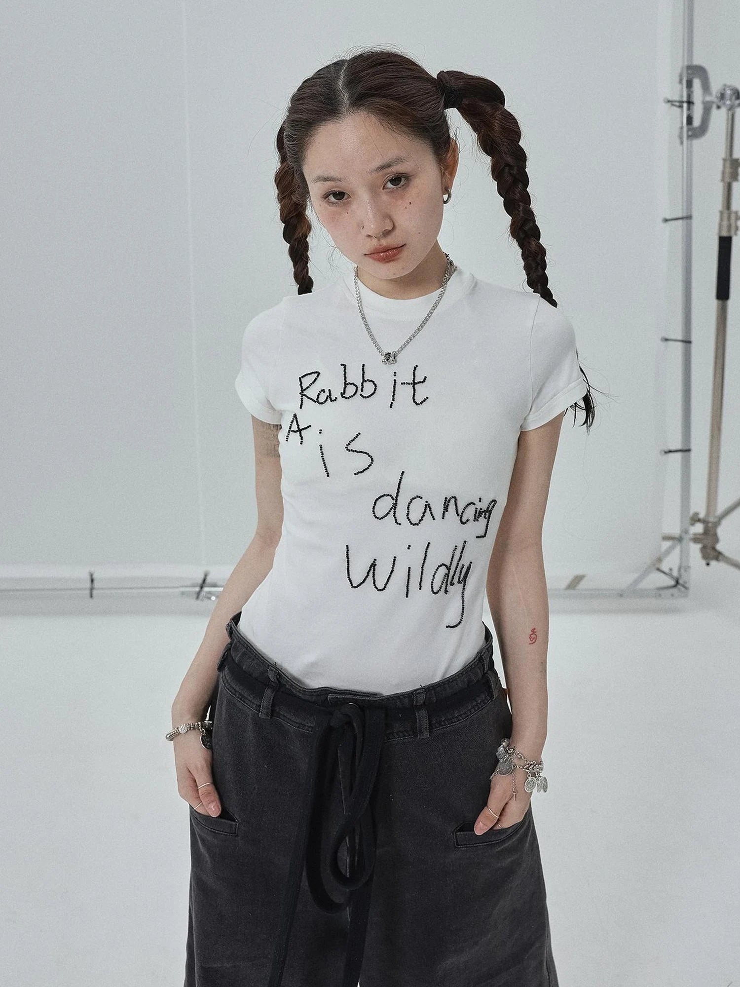 Rabbit Embroidered Cotton Tee with Bead Detail