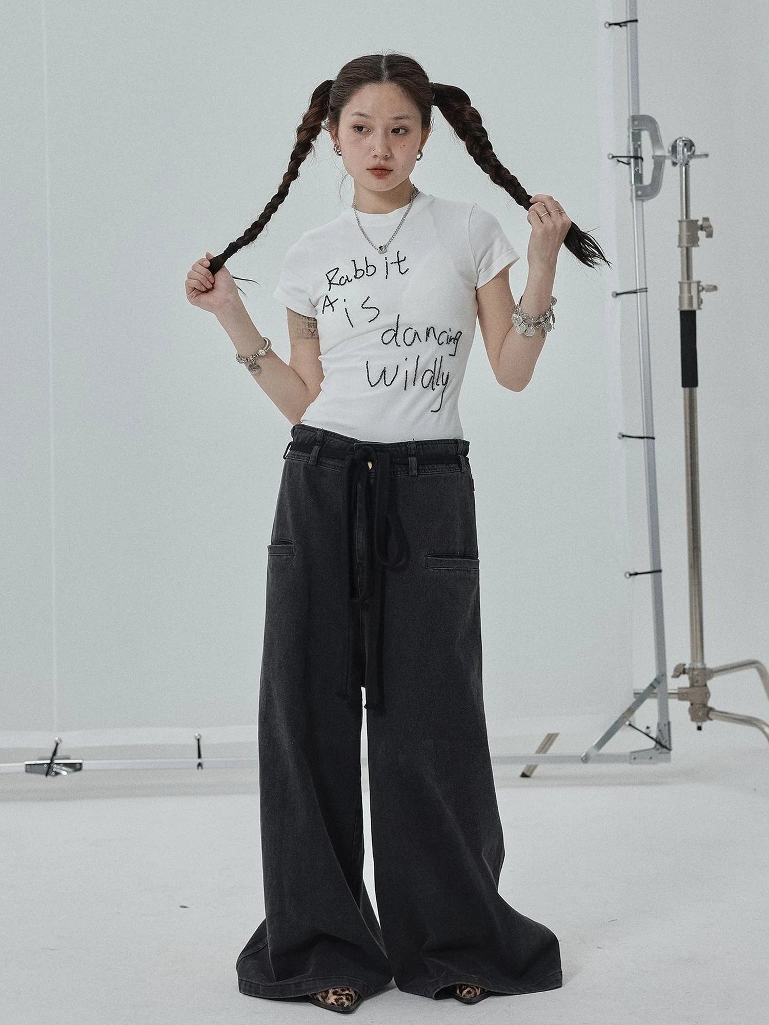 Rabbit Embroidered Cotton Tee with Bead Detail