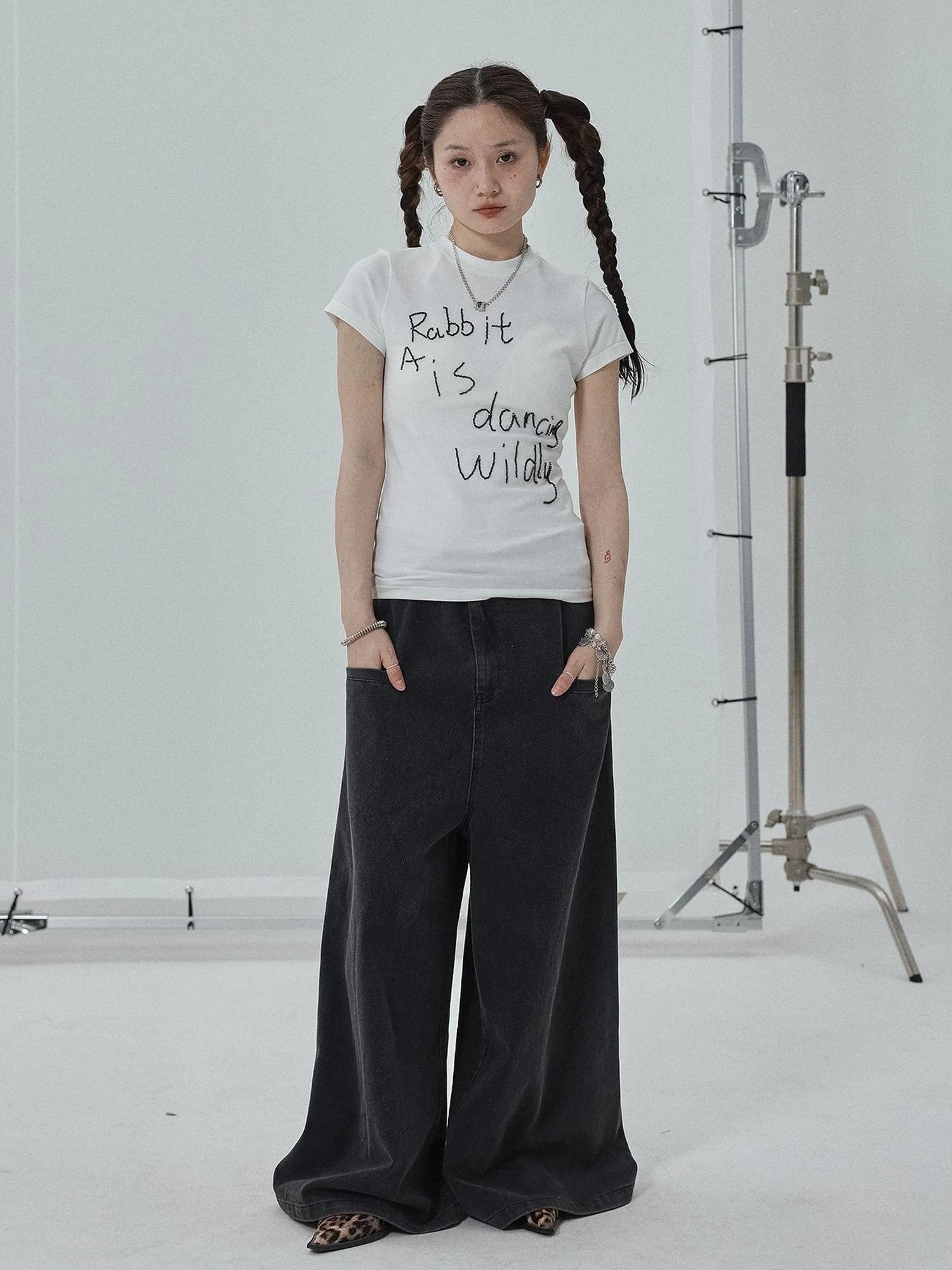 Rabbit Embroidered Cotton Tee with Bead Detail