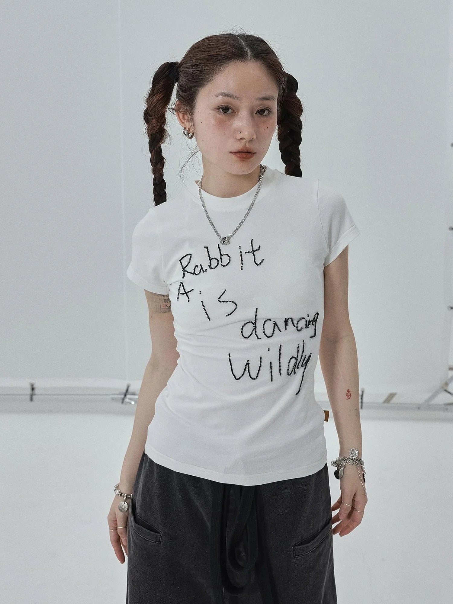 Rabbit Embroidered Cotton Tee with Bead Detail